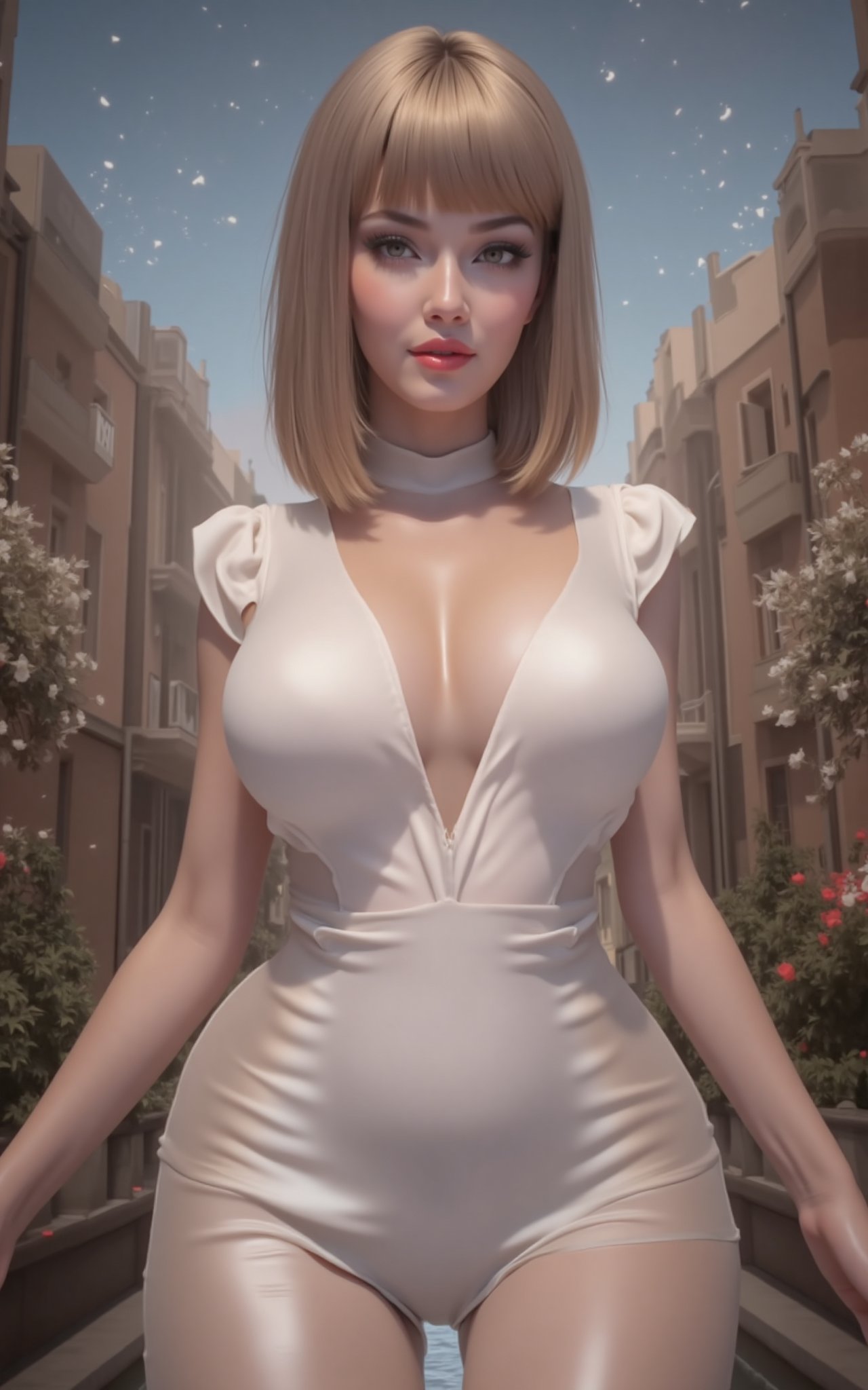 (masterpiece, best quality:1.2), 1girl, (white dress:1.26),looking at viewer,(huge breasts:1.69),Depth of field,(Ancient city streets,flowers:1.29), 1girl, ultra detailed, glary,Light, light particles,reflect,ghost