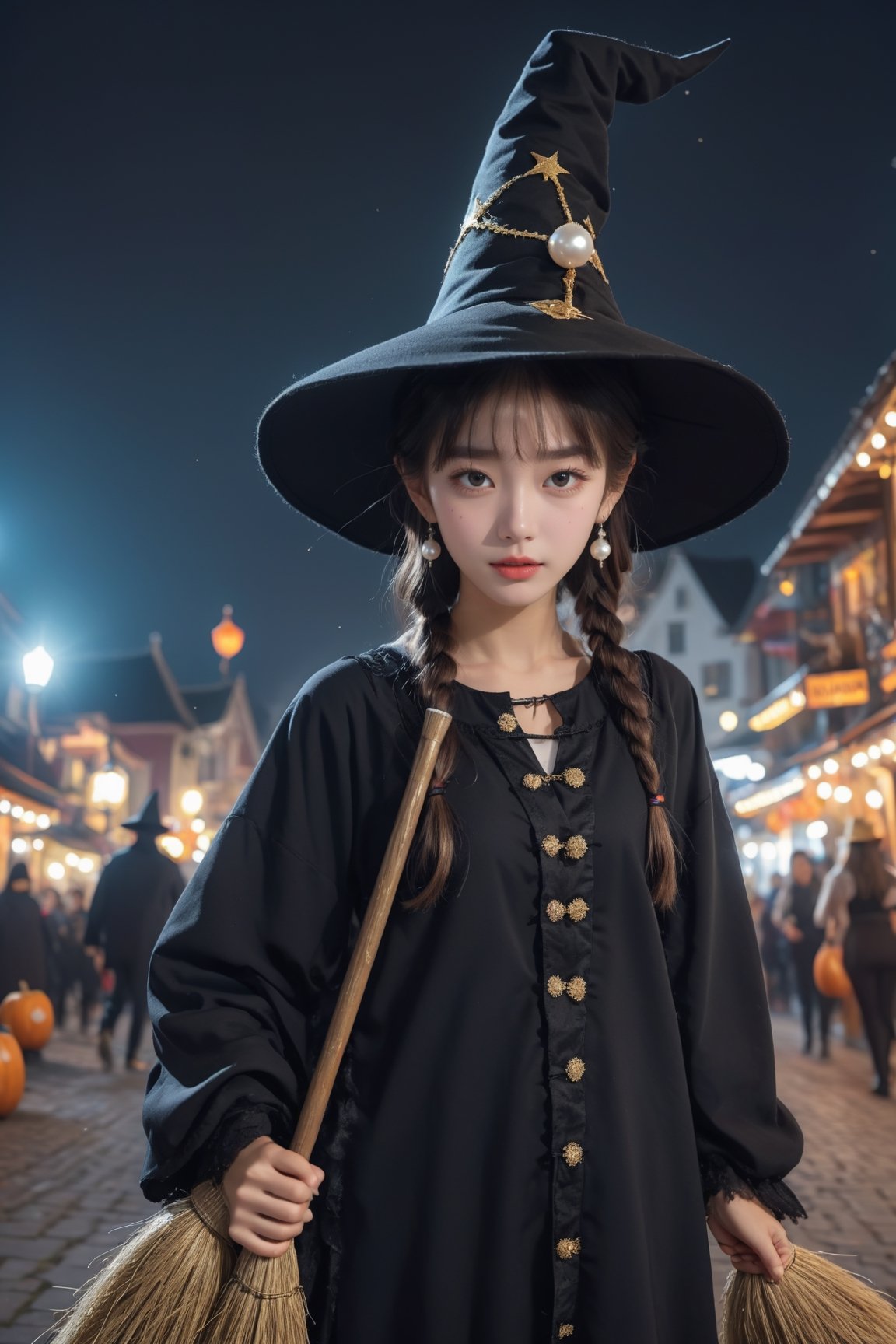 ((1 girl in halloween costume and wizard hat and riding wizard's broom on festival halloween night, cute)), rich and sophisticated image of girl with pearl earrings in timepiece costume with Ultra-detailed, professional cinematic effects, beautiful, ultra-detailed faces, 8k Ultra HD,
// full_body,
DonMD3m0nXL 