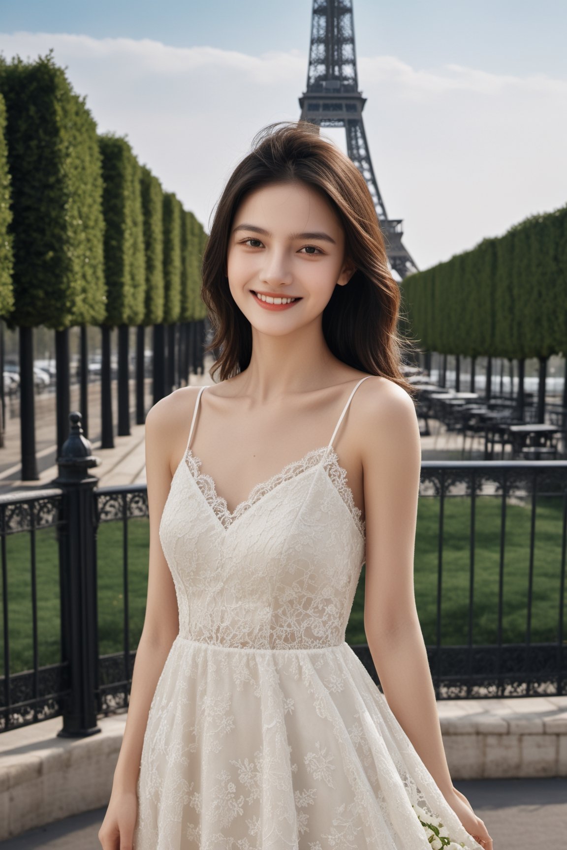 portrait of a teen girl, 18 years old, smile, modern long lace Wedding Dresses For The Bold Bride, wedding_band, eiffel tower, luxury jewelry, high resolution, photorealistic, photo, realism, LinkGirl, aesthetic portrait, ((full-body_portrait)), flower_hair_ornament