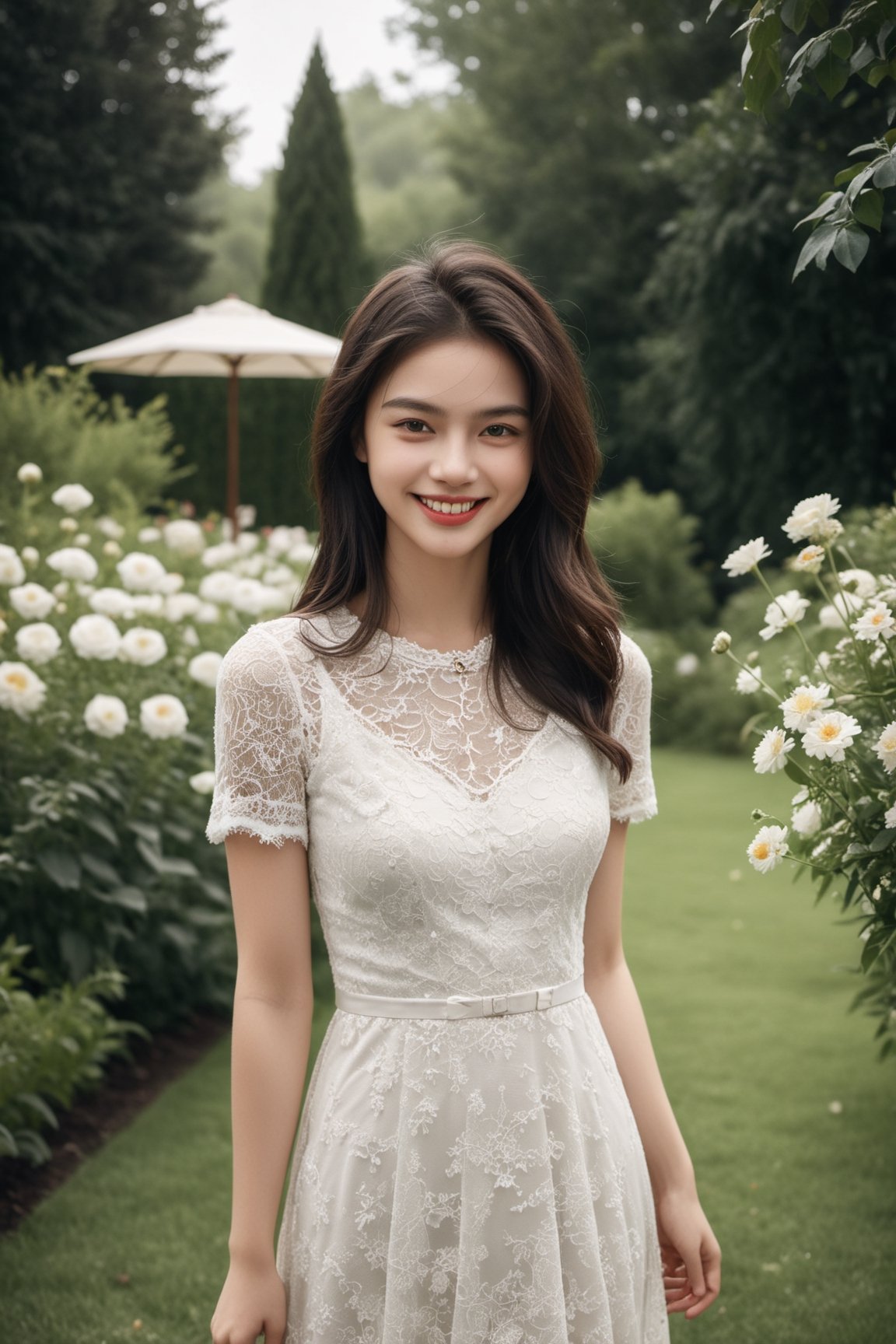 a teen girl, 18 years old, smile, modern long lace Wedding Dresses For The Bold Bride and she is holding a cat, wedding_band, in the middle of garden, luxury jewelry, high resolution, photorealistic, photo, realism, LinkGirl, aesthetic portrait, ((full-body_portrait)), flower_hair_ornament,Xxmix_Catecat