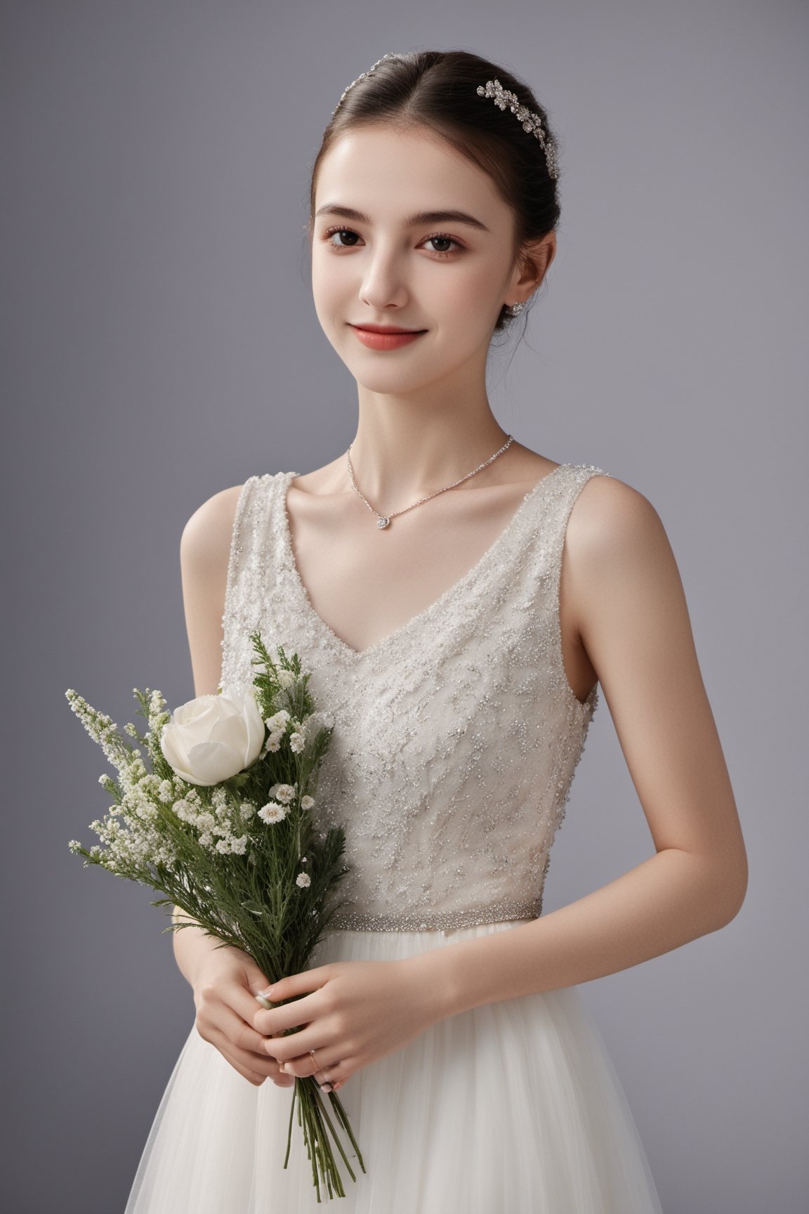 portrait of a teen girl, 18 years old, smile, modern long wedding_dress GEORGES HOBEIKA, wedding_band, garden, jewelry, high resolution, photorealistic, photo, realism, LinkGirl, aesthetic portrait, ((full-body_portrait)), flower_hair_ornament