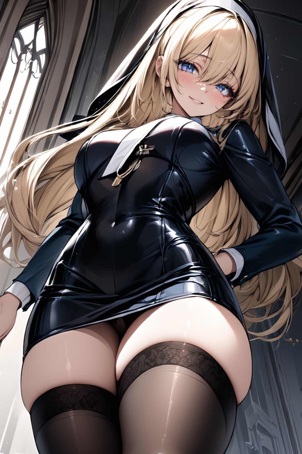 (((masterpiece))),  (((best quality))),  ((ultra-detailed)),  (illustration),blonde_hair,long_hair,pony_tail,blue_eyes,black thighhighs,(nun),smile,