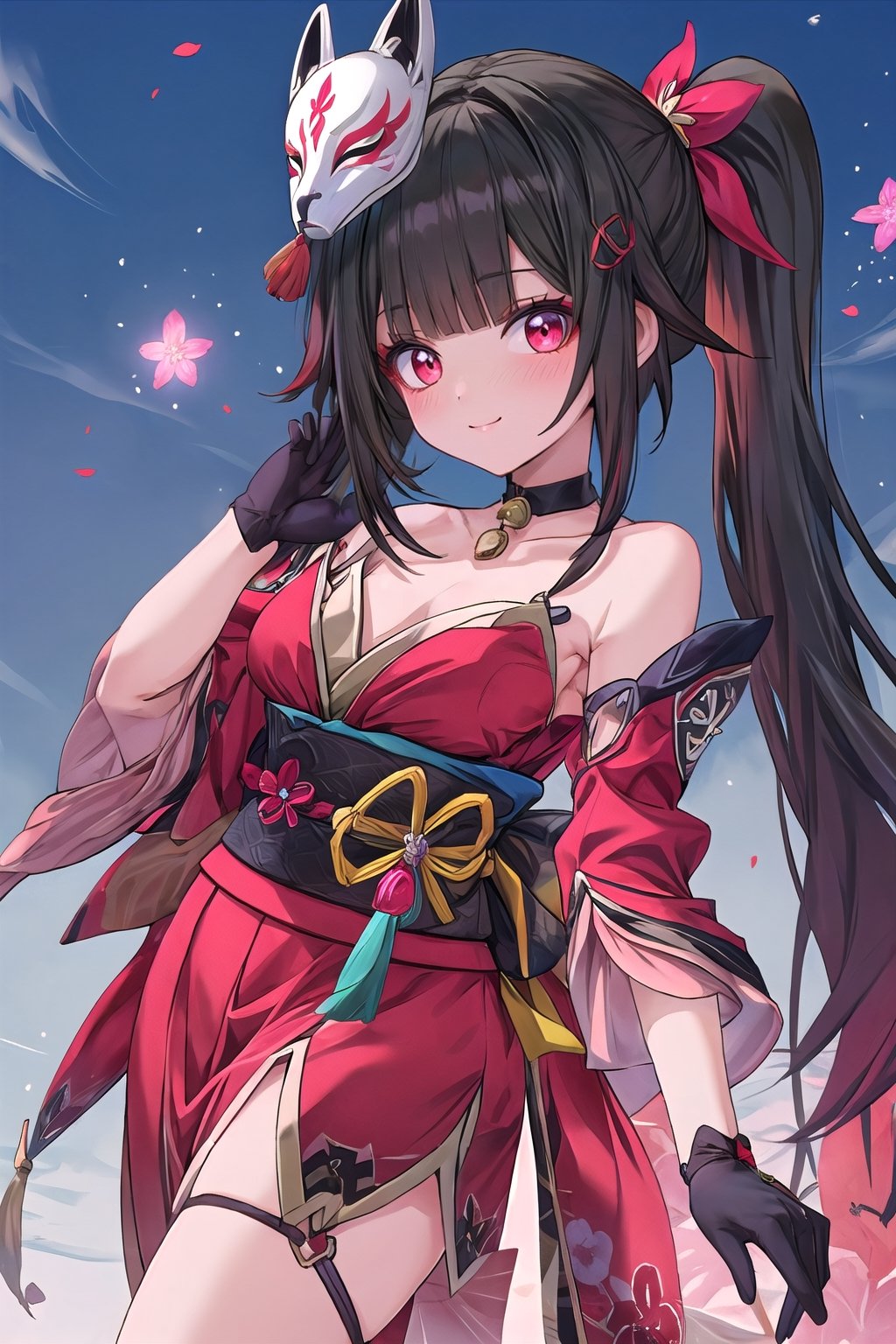 (((masterpiece))), (((best quality))), ((ultra-detailed)), (illustration), ((an extremely delicate and beautiful)), (detailed light), (bloom), looking at viewer,niji, hanabi, kitsune mask, red eyes,sparkle \(honkai: star rail\), twintails, hair ornament, solo, off shoulder kimono, mask on head, detached sleeves, choker, obi, single glove,thigh strap,smile,blush