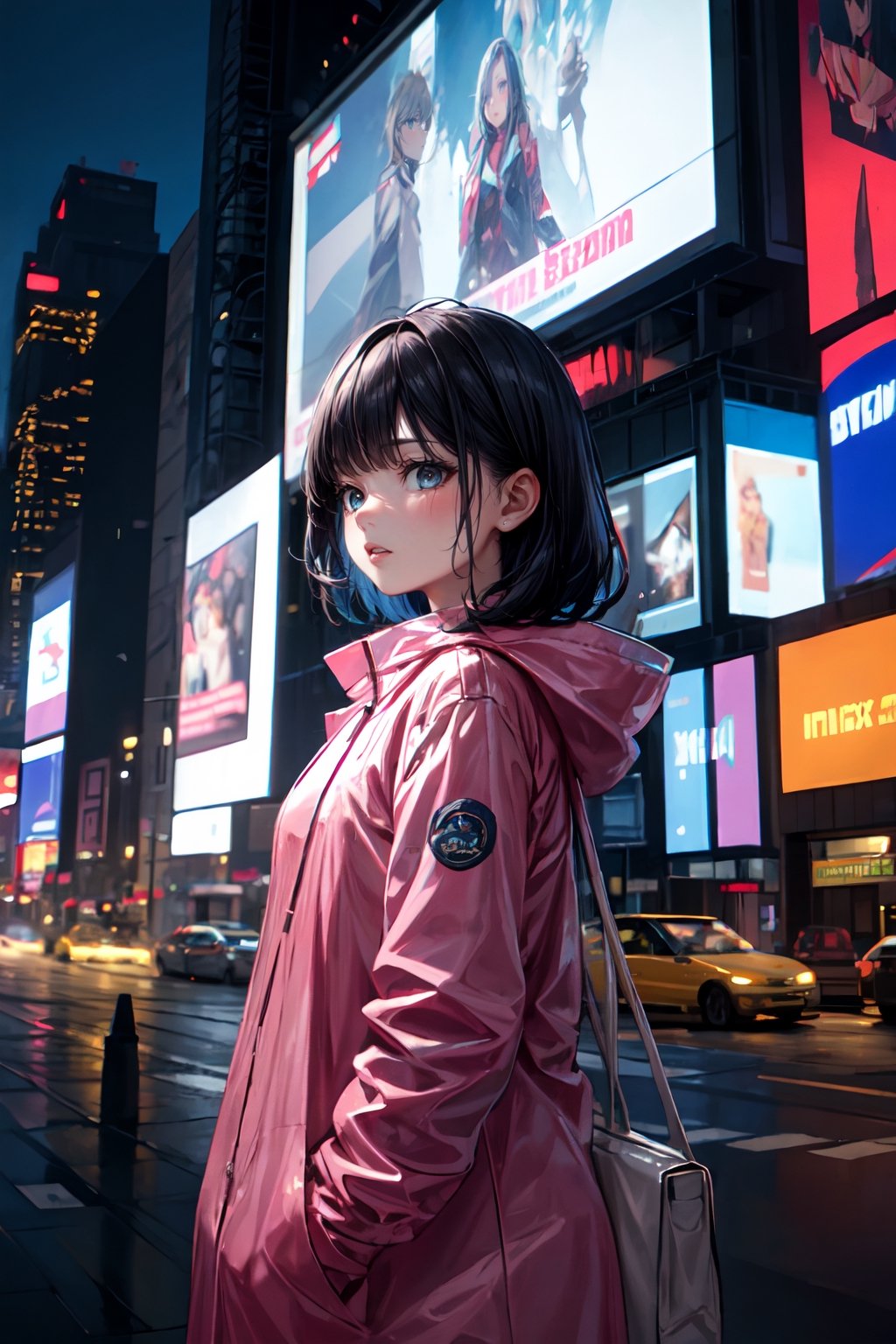 Ultra-high resolution, cinematic lighting,Woman wearing pink raincoat in Times Square,xxmix_girl,more detail XL, blue medium hair, mexican