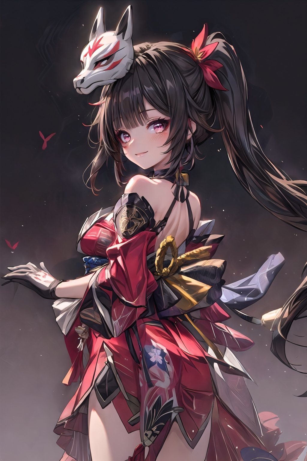 (((masterpiece))), (((best quality))), ((ultra-detailed)), (illustration), ((an extremely delicate and beautiful)), (detailed light), (bloom), looking at viewer, hanabi, kitsune mask, red eyes,sparkle \(honkai: star rail\), twintails, hair ornament, solo, off shoulder kimono, mask on head, detached sleeves, choker, obi, single glove,thigh strap,smile,blush,midjourney