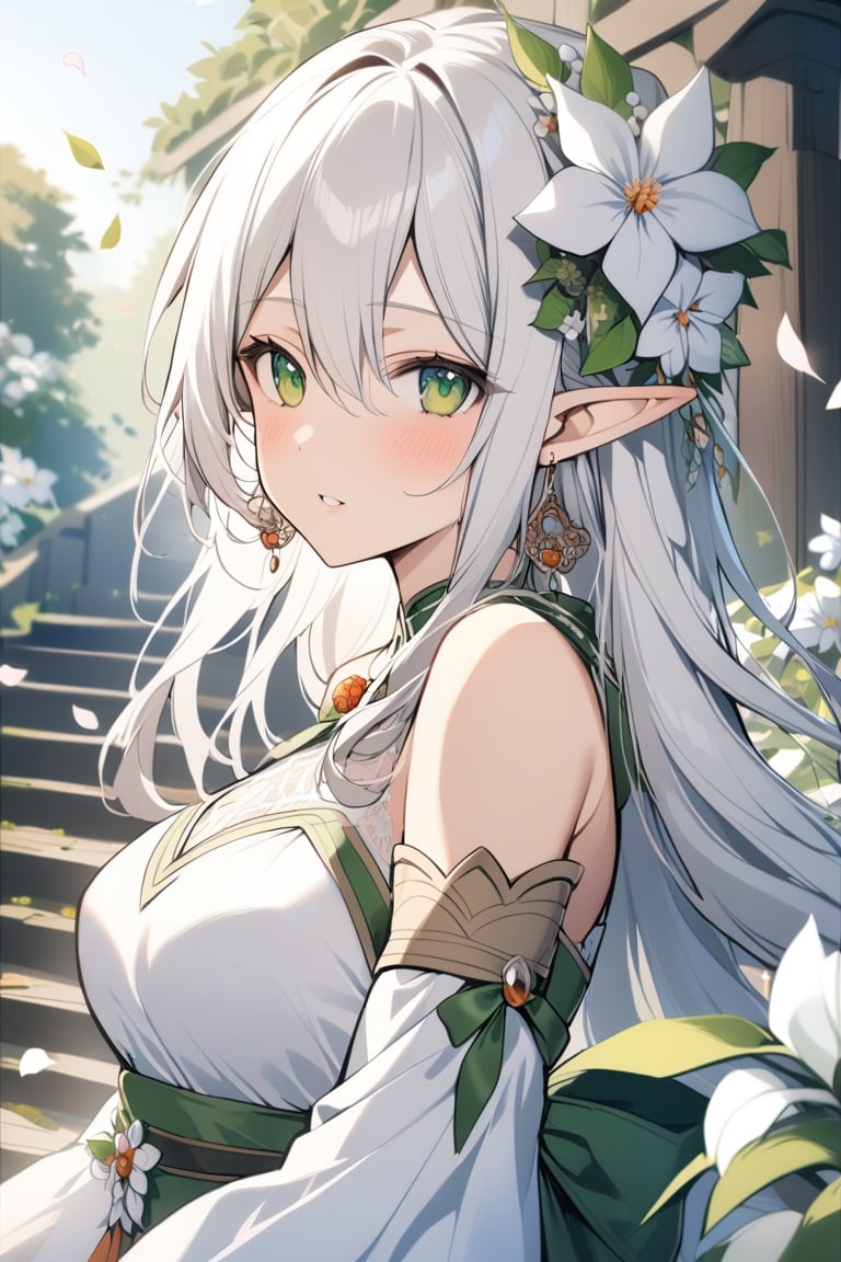 1girl, solo, long hair, breasts, looking at viewer, blush, bangs, hair ornament, dress, hair between eyes, bare shoulders, jewelry, green eyes, upper body, flower, white hair, earrings, outdoors, parted lips, detached sleeves, pointy ears, hair flower, from side, sash, petals, white flower, elf, stairs