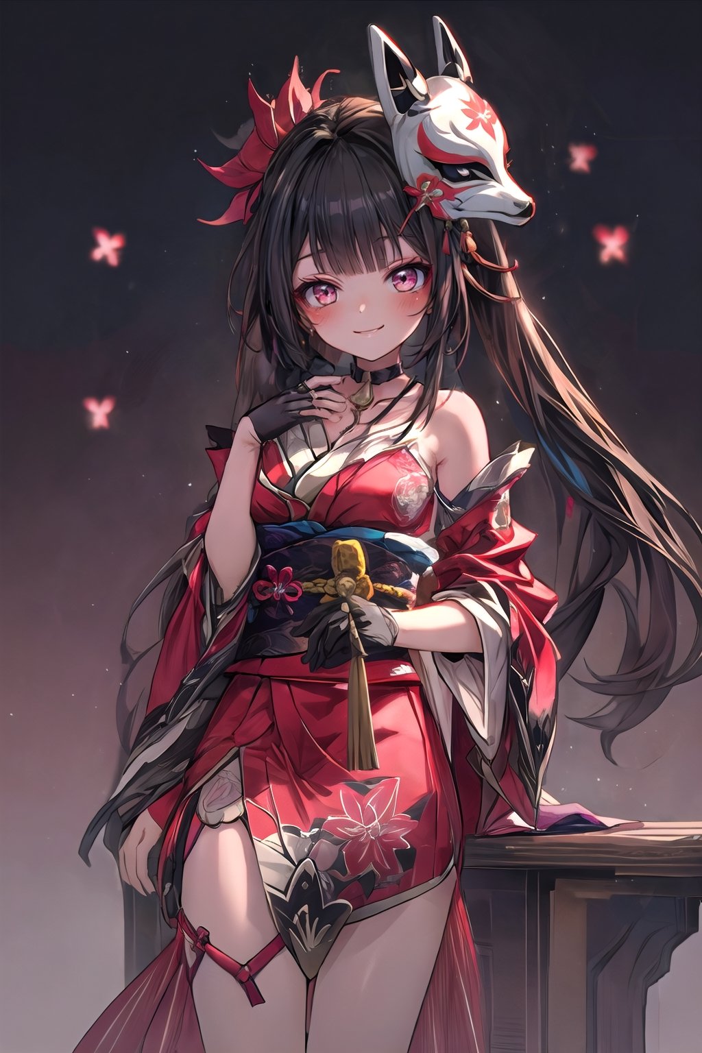 (((masterpiece))), (((best quality))), ((ultra-detailed)), (illustration), ((an extremely delicate and beautiful)), (detailed light), (bloom), looking at viewer, hanabi, kitsune mask, red eyes,sparkle \(honkai: star rail\), twintails, hair ornament, solo, off shoulder kimono, mask on head, detached sleeves, choker, obi, single glove,thigh strap,smile,blush,midjourney