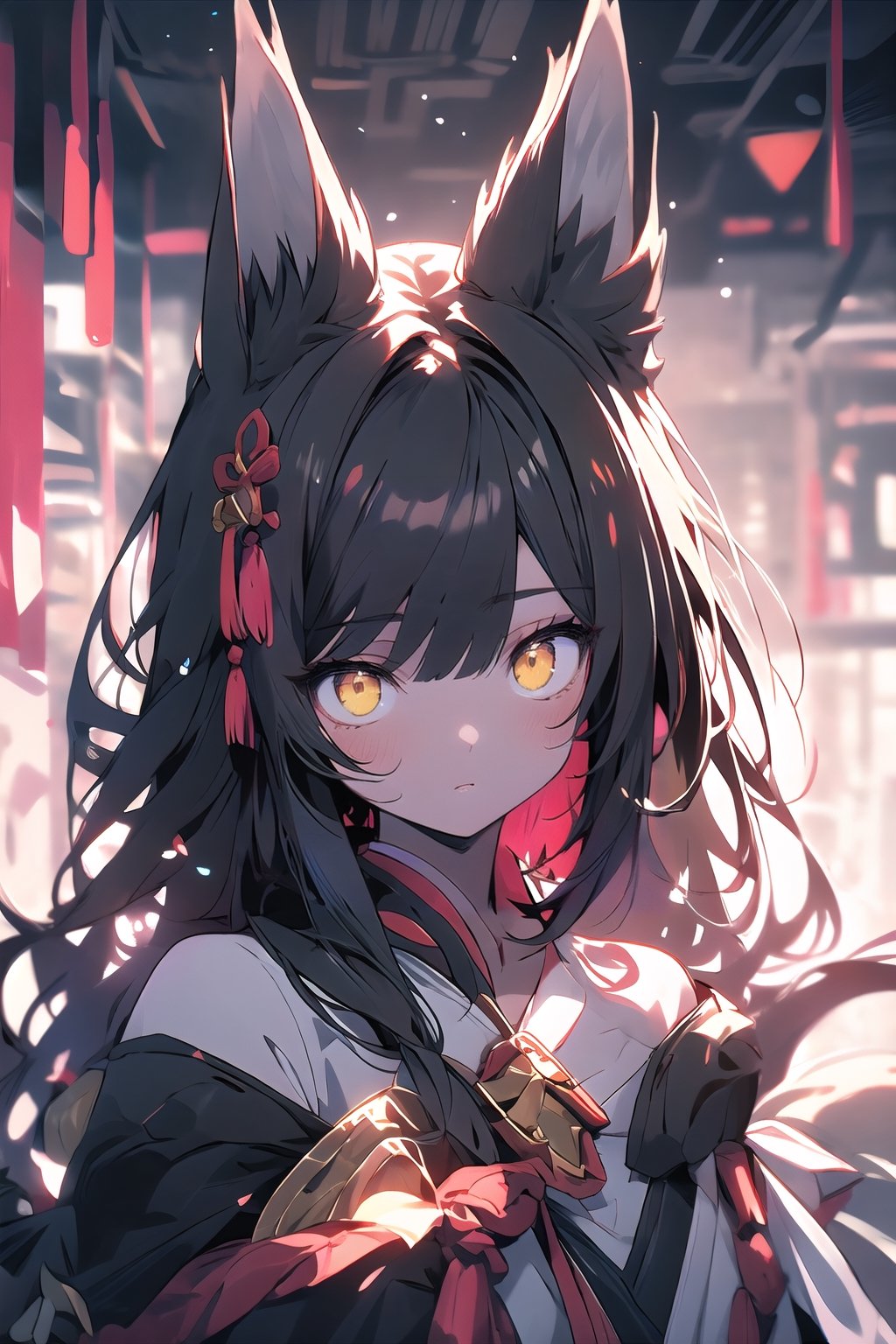 fox_tail,black-hair,5_figners,yellow_eyes,fox_girl,fox_ears,Ahri,midjourney,upper_body,1 girl,More Detail,perfect light,CJ painting, midjourney, niji,