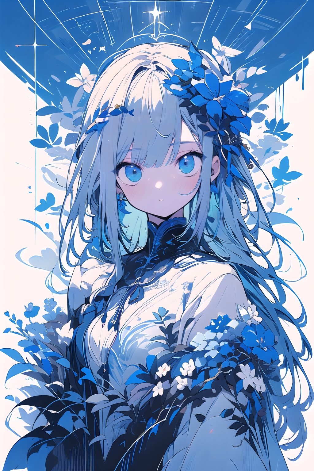 masterpiece, best quality, 1girl, flowers, flat color, lineart, abstract, ornate, blue theme, midjourney, niji,