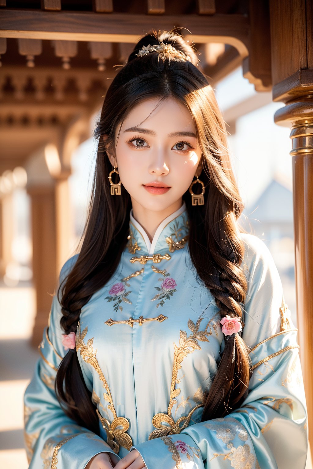 Chinese carved beams and painted buildings, 15 years old, beautiful girl, the Weaver Girl in the mythical story, very long hair, Han Dynasty hairstyle, brown hair, wearing fairy-like light-colored palace clothes, smile, best quality, 32k, realistic, super detailed, Delicate, high resolution, perfect dynamic composition, beautiful detailed eyes, sharp focus, fantastic details, western fashion, realistic, ultra-detailed