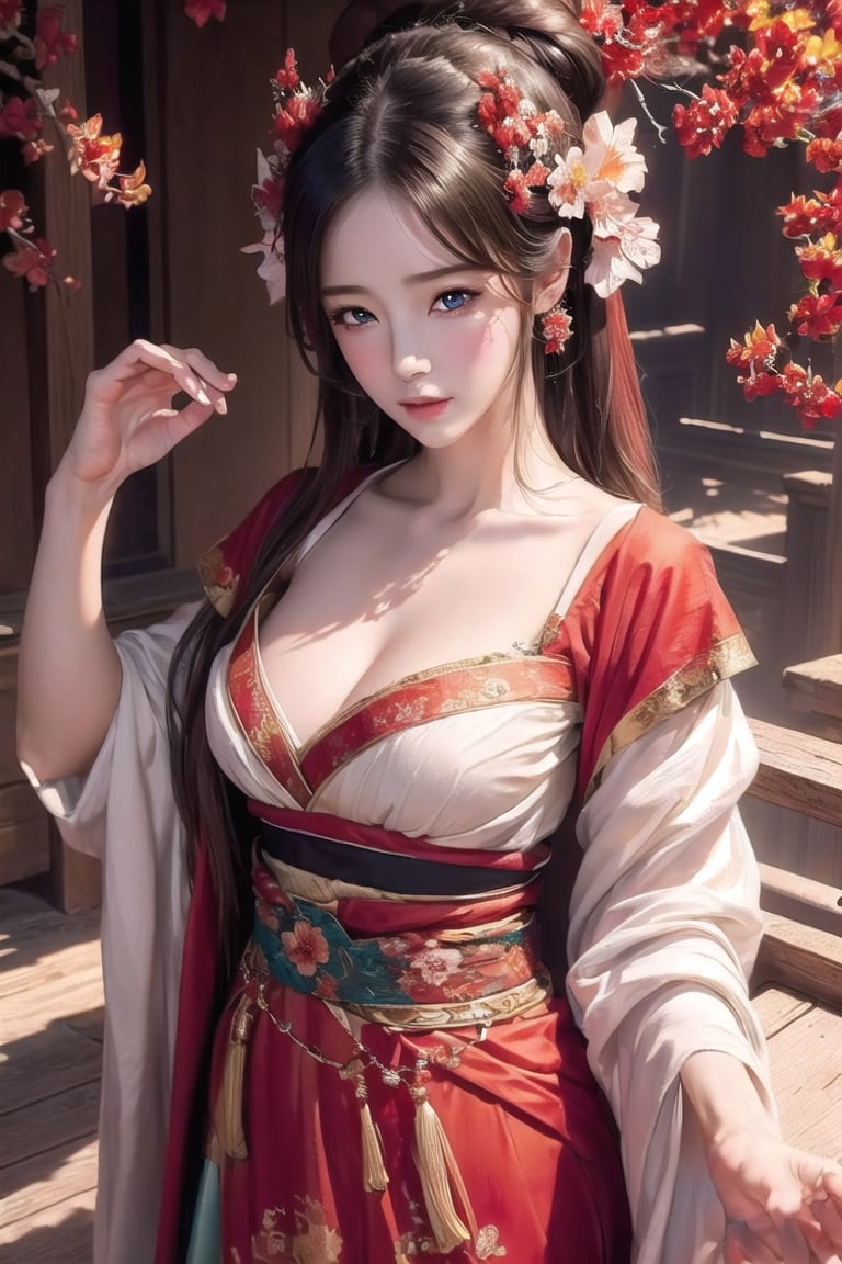 (masterpiece, top quality, best quality, official art, beautiful and aesthetic:1.2), (1girl), extreme detailed,(abstract, fractal art:1.3),highest detailed, detailed_eyes, light_particles, hanfu,jewelry, sexy, ,red,