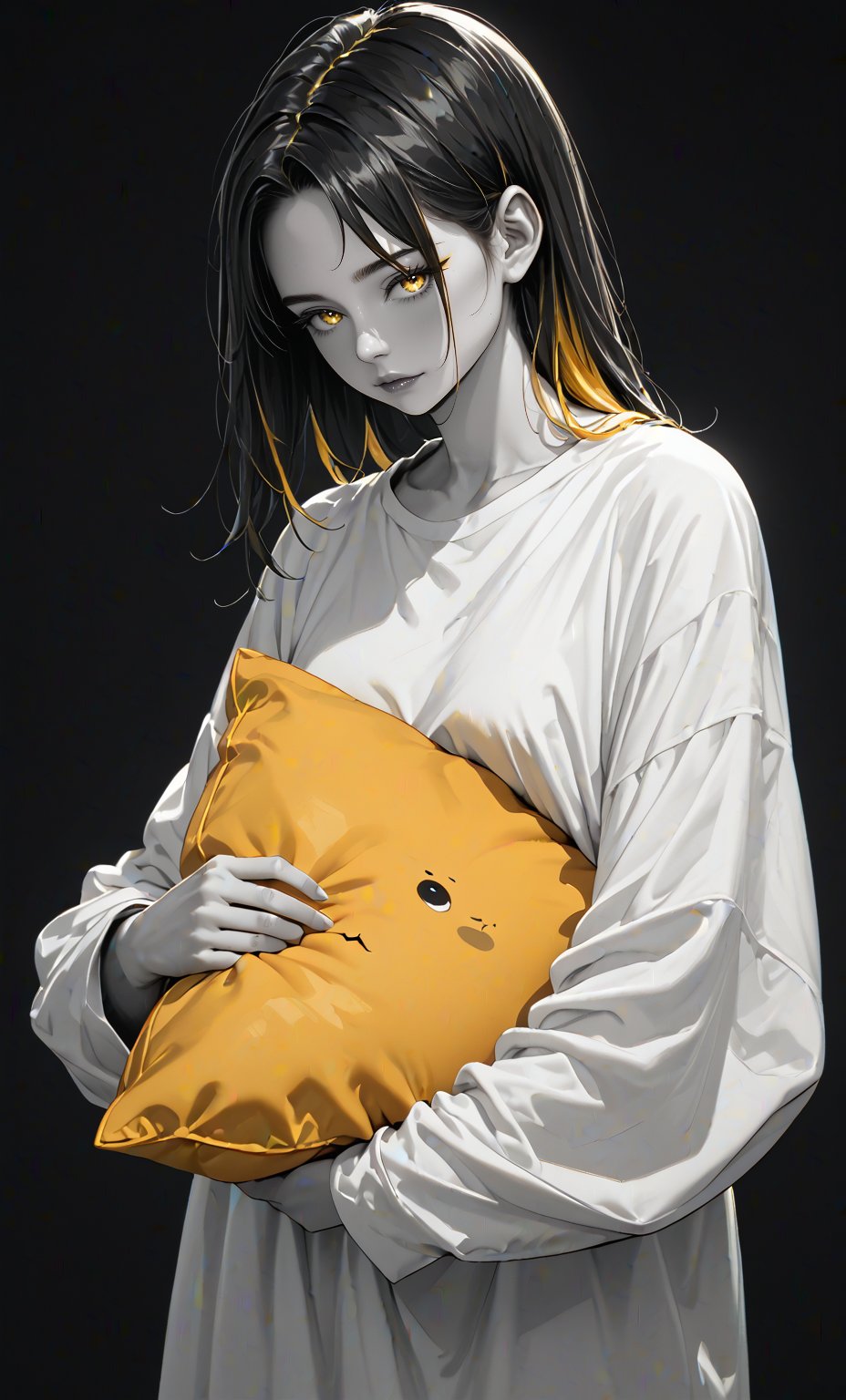 , score_9, score_8_up, score_7_up, sleepy, standing, oversized white shirt, long black hair, yellow inner hair, holding a pillow, yellow eyes, (black background):1.5, (spot color, selective color, selective_coloring, grayscale skin, monochrome:0.3, grayscale:0.3),