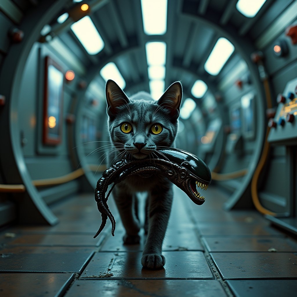 A sleek determined cat,  walking through the interior of a futuristic spaceship,  with an Alien Xenomorph clenched in its...