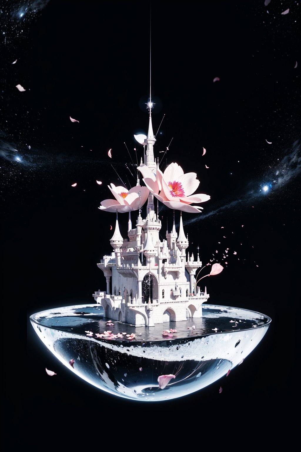  (floating castle),(complex petal structure:1.5),space background,Black and white entanglement, crystal and silver entanglement