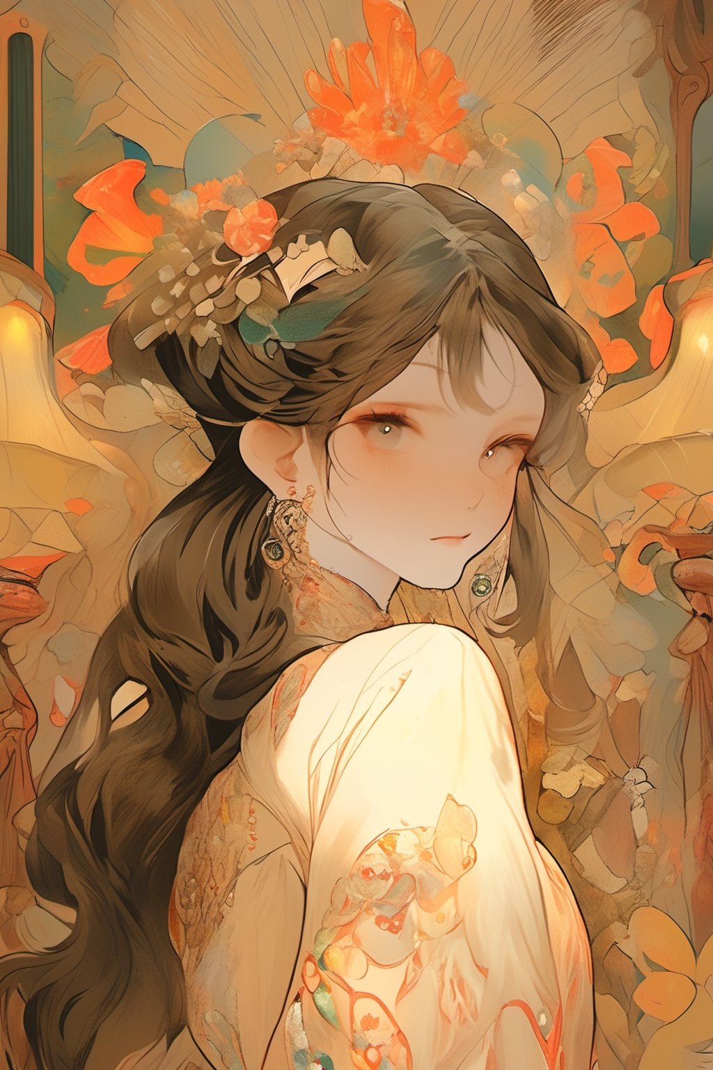 (masterpiece, best quality, highly detailed, ultra-detailed, intricate), illustration, pastel colors, art_nouveau, Art Nouveau by Alphonse Mucha, tarot, offcial art,统一 8k 壁纸,ultra - detailed,masterpiece,Best quality at best, underboob, huge boobs, see through sexy clothes,（zentangle,datura,Tangles,entangled）,（ecstasy of flower：1.2）dynamic angle,cowboyshot,The most beautiful form of chaos, light smile, small breasts, ˉellegance,Fauvistdesign,vivid colour,romanticism lain,atmospurate,clear pattern, ((long black wavy hair)), watercolor, Solid background, lanterns, electrical wires, vibrant colors,masterpiece,(best quality, masterpiece),oil painting,watercolor,best quality