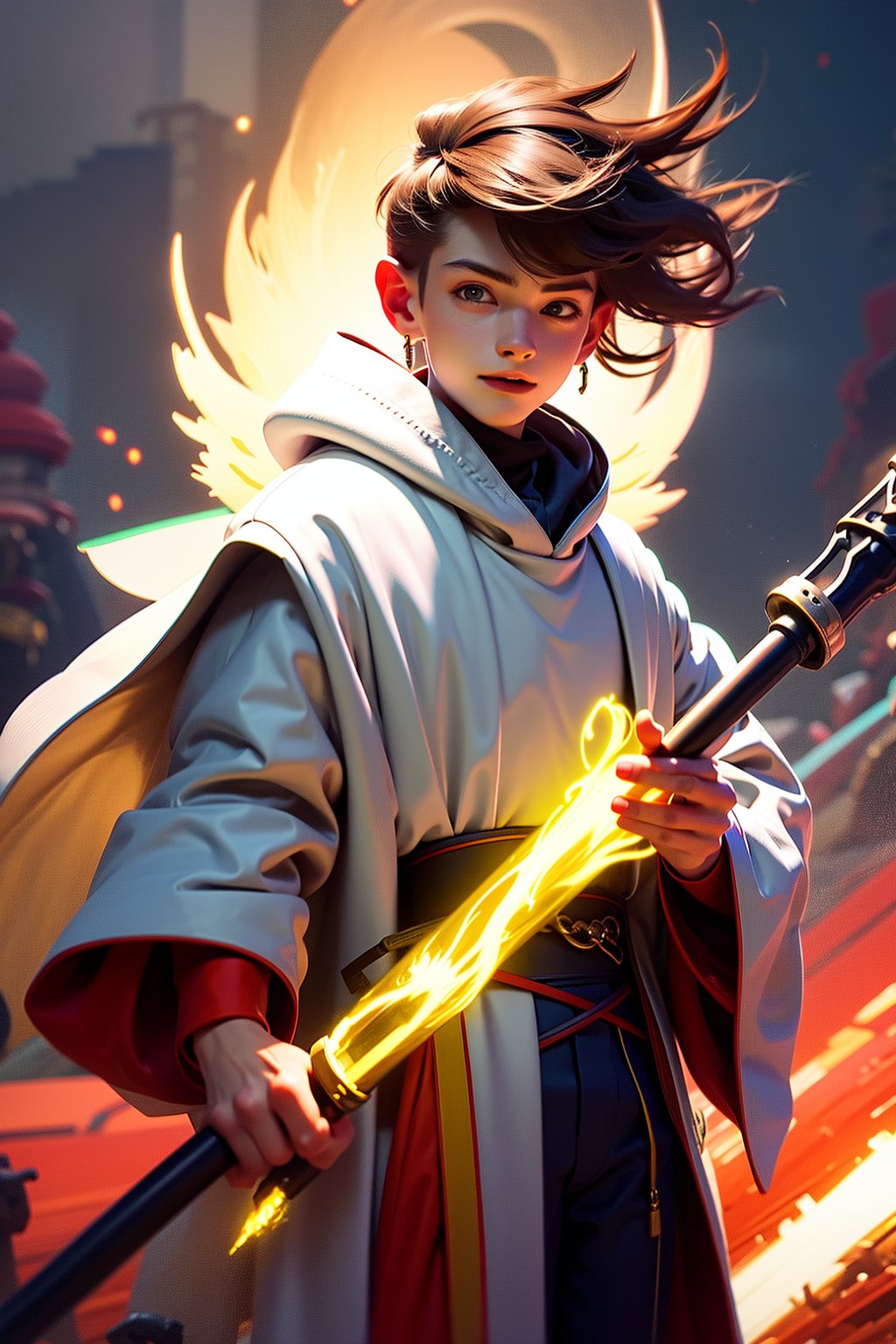 tempestmagic ,fantasy,wind storm, excessive energy , floating, enchanted robe , holding staff, mage staff , hood up, glowing hair, 1man ,glowing eyes, long hair,bj_elegant,cute blond boy,anepicboy,No keyword