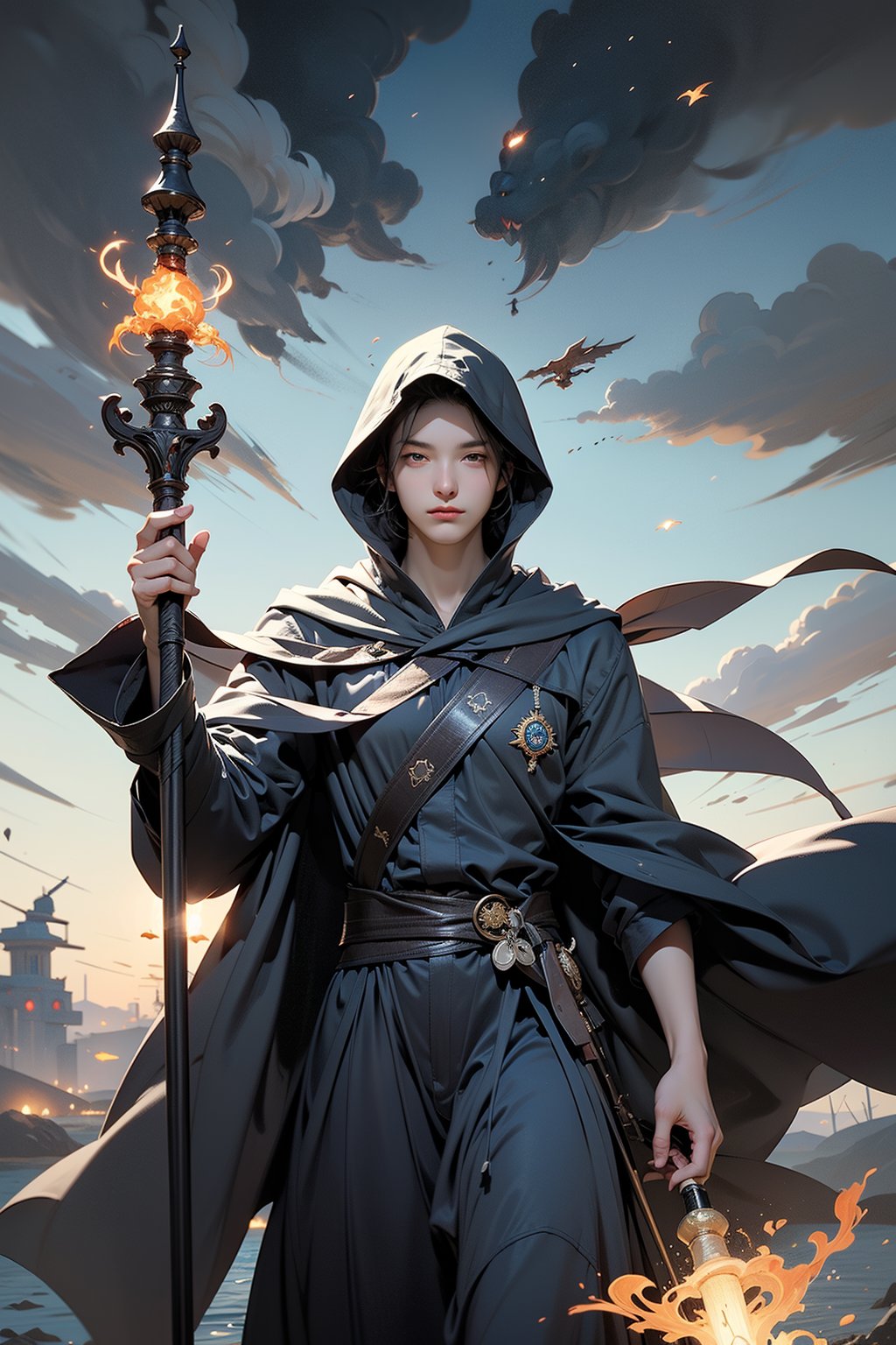 tempestmagic ,fantasy,wind storm, excessive energy , floating, enchanted robe , holding staff, mage staff , hood up, glowing hair, 1man ,glowing eyes, long hair,bj_elegant