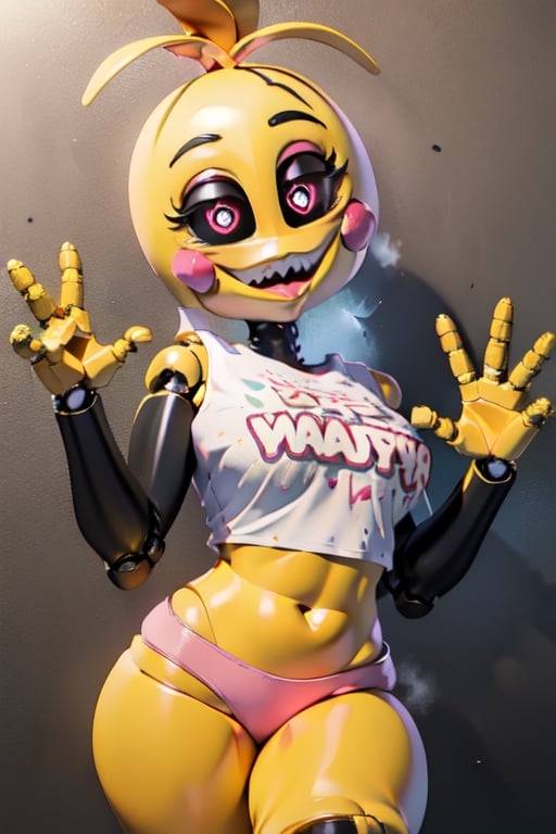 (masterpiece, best_quality:1.2) antenna hair, bald spot, black eyes, simple_background, black background, clothes writing (let´s party), white bib, colored skin, yellow skin, colored sclera, crop top, good hands, joints, medium breasts, pink panties, shirt, solo, symbol-shaped pupils. teeth, underwear, v, Toy Chica,cowgirl position