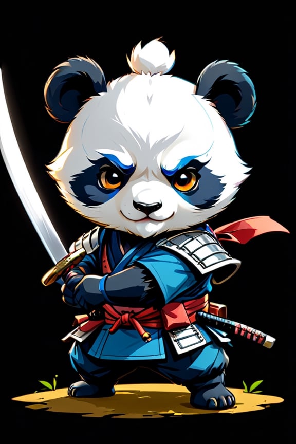 A determined chibi samurai or ninja panda, with a katana drawn or any other samurai or ninja weapons, ready to take on any challenge. Rendered in an anime style, with a dynamic pose and a bright color scheme. Perfect for a t-shirt design. black background