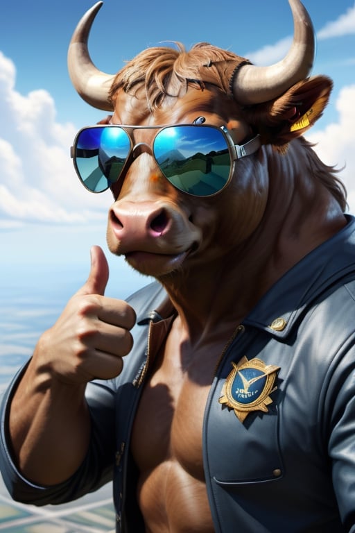 a bull , at a sky,cyber,Cyber Sunglasses,pilot, one hand thumbs up, gentle smile,
