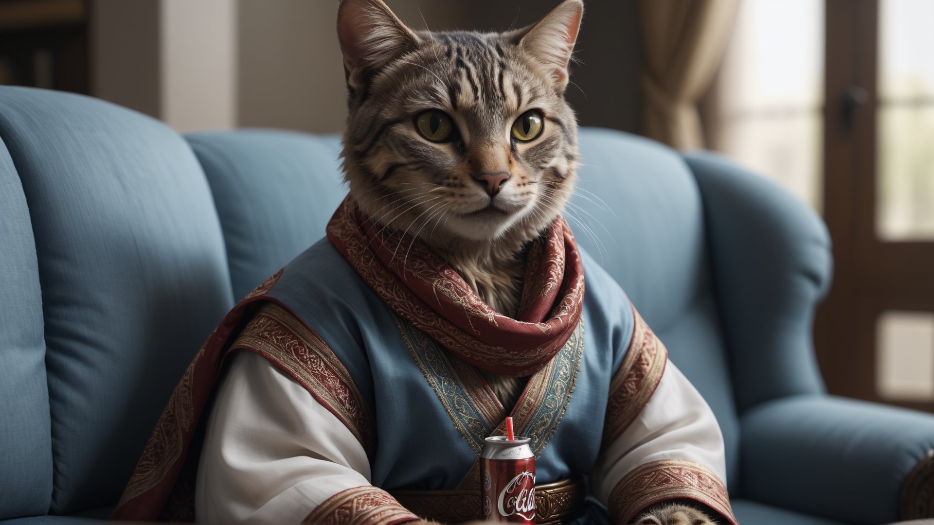 (best quality, 8k, 32K UHD, highres, masterpiece:1.2), ultra-detailed, hyper-realistic,A cat dressed in arabic cloth(( thobe and shemagh and egal)) is sitting on the sofa and drinking soda with a straw, close-up,gentell smile, sinematic light