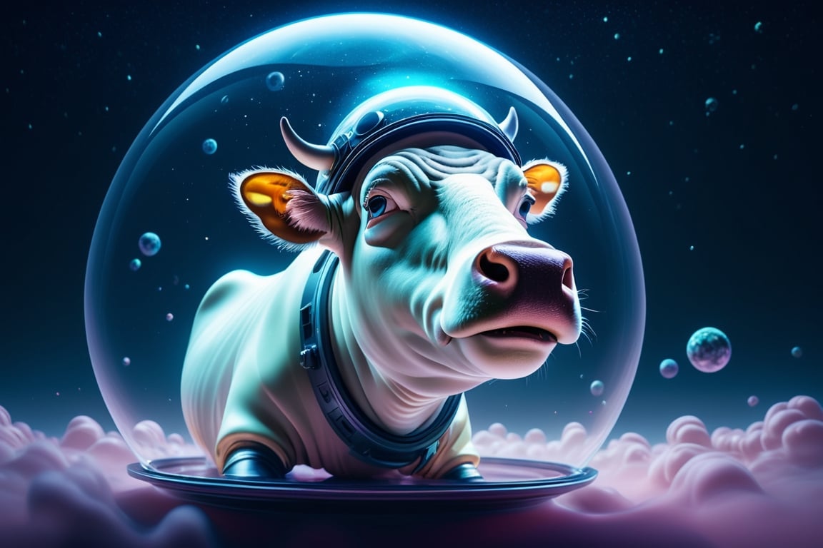 Epic and cinematic, cow in a bubble helmet floating in space, cosmic, surreal, professional, award-winning