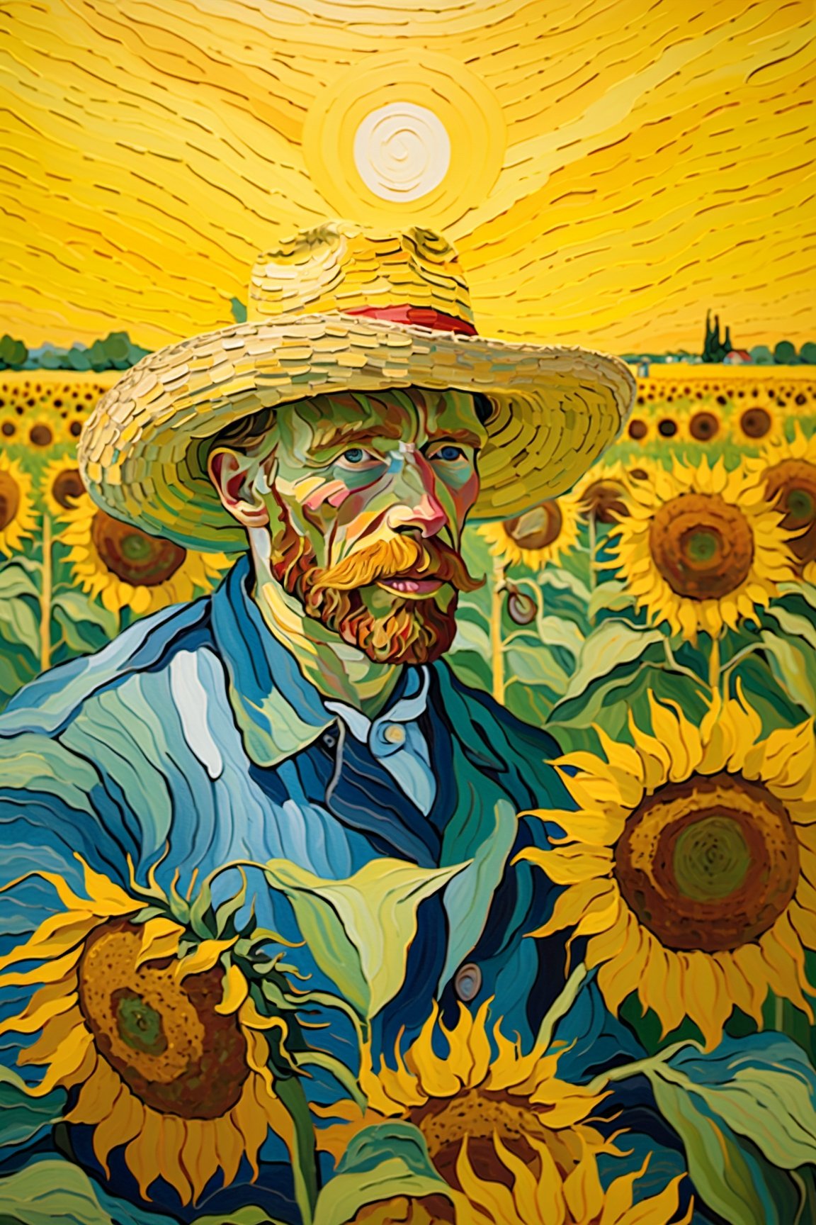 Oil painting, Directors: Van Gogh, coloring, Abstract, abstract background, ​masterpiece, Best quality at best, Ultra Detail Wallpapers, gaffer, Wearing a straw hat, cows, cornfield, wood, sao, Surreal dreamscape, sunflower, natta, 4k,oil painting