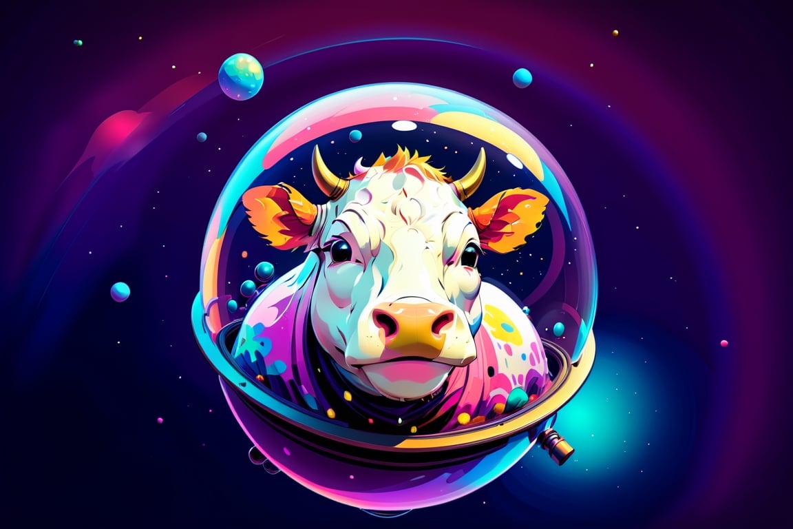 Epic and cinematic, cow in a bubble helmet floating in space, cosmic, surreal, professional, award-winning, colorful, muti-colors, universe background