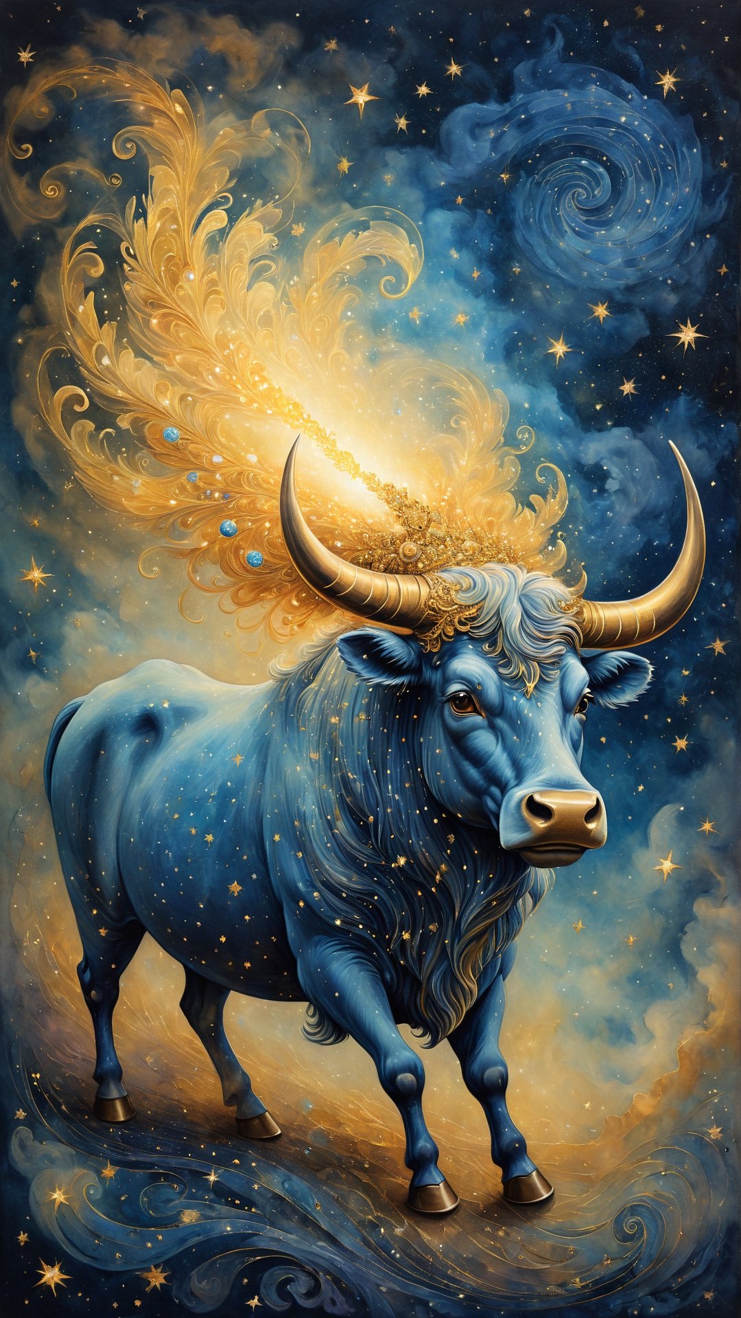 whimsical illustration of a magical night in an astral card, painted on old wrinkled paper, one of it's kind, surrealism, pointillism, golden and sapphire, pearlescent glow, glowy smoke, billowing smoke, dynamic strokes, art by MSchiffer, Extreme Wide/Long Shot, a beautiful bull in middle with full body with dynamic strokes