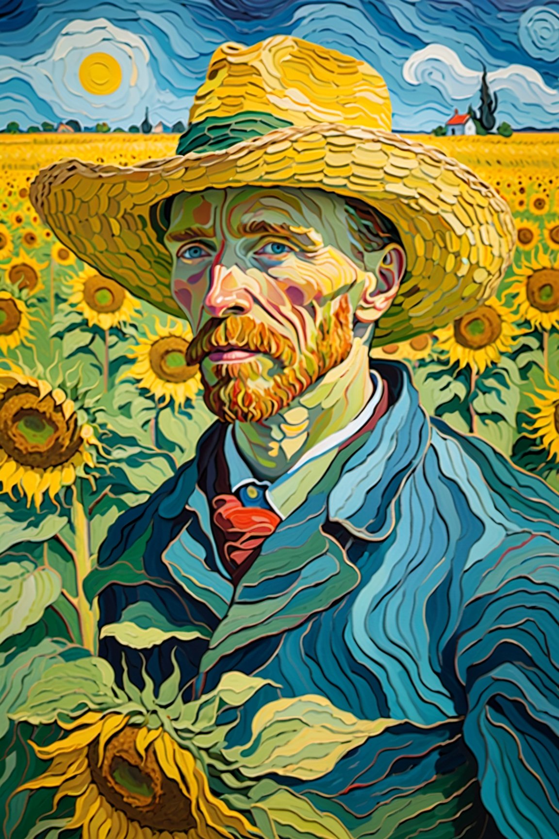 Oil painting, Directors: Van Gogh, coloring, Abstract, abstract background, ​masterpiece, Best quality at best, Ultra Detail Wallpapers, gaffer, Wearing a straw hat, cornfield, wood, sao, Surreal dreamscape, sunflower, natta, 4k,oil painting