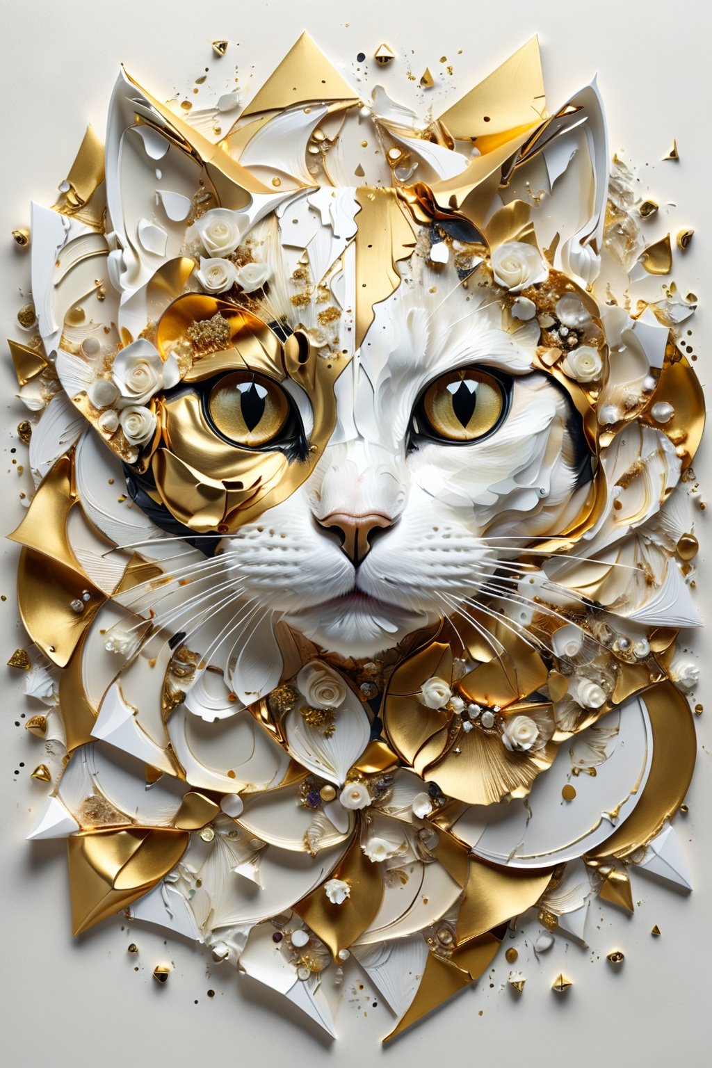 Ultra detailed artistic abstract photography of a cat's face (geometrical), golden, white roses, detailed symmetric circular iris, shattered paper fragments, inspired by Alberto Seveso, abstract art style, intricate complex watercolor painting, sharp eyes, digital painting, color explosion, ink drip, mix gold and white colors, Concept art, volumetric lighting, metallic reflections, 8k, concept photography, 
