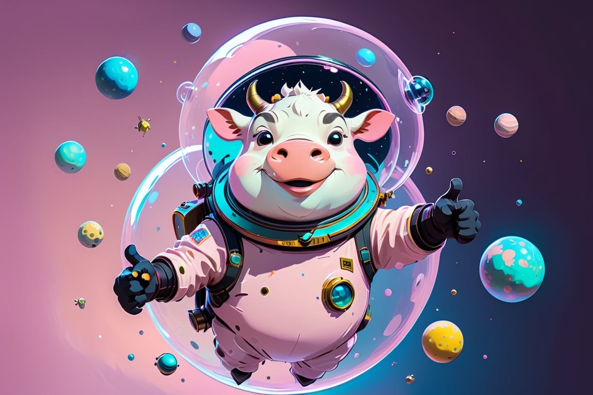 Epic and cinematic, a cow in a bubble helmet, one hand with big thumbsup pose, floating in space, cosmic, surreal, professional, award-winning, space trip surround by planets, pinlk color background, by Van Gogh