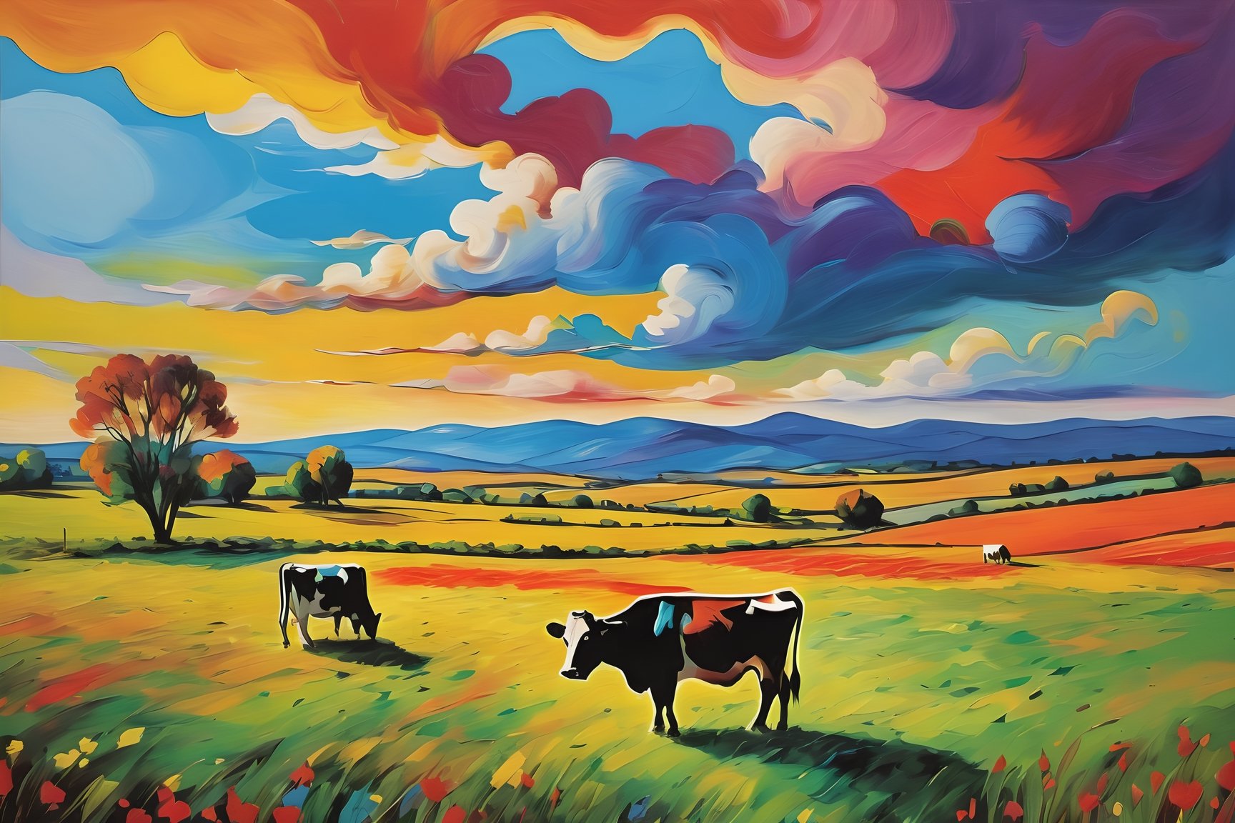 Extreme Wide/Long Shot, few small cows on field. Pablo Picasso style painting. land and sky 1:2, beautiful sky, and multi-color clouds