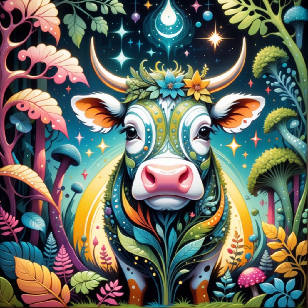 triadic colors, best quality, a close up highly detailed cow, moss, ferns, rowanberries, highly detailed glittering scales, by Craola, Dan Mumford, Andy Kehoe, 2d, flat, cute, adorable, vintage, art on a cracked paper, fairytale, storybook detailed illustration, cinematic, ultra highly detailed, tiny details, beautiful details, mystical, luminism, vibrant colors, complex background,more detail XL