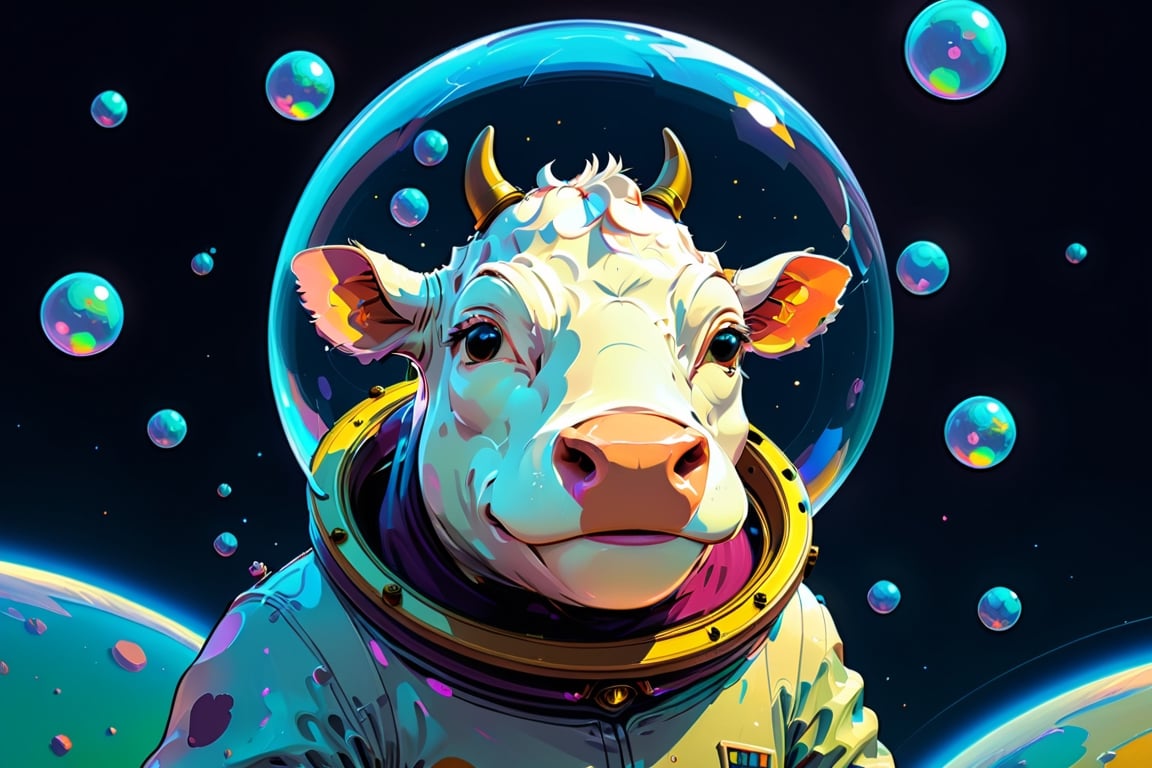 Epic and cinematic, many cows, a cow in a bubble helmet floating in space, cosmic, surreal, professional, award-winning, space trip, by Van Gogh