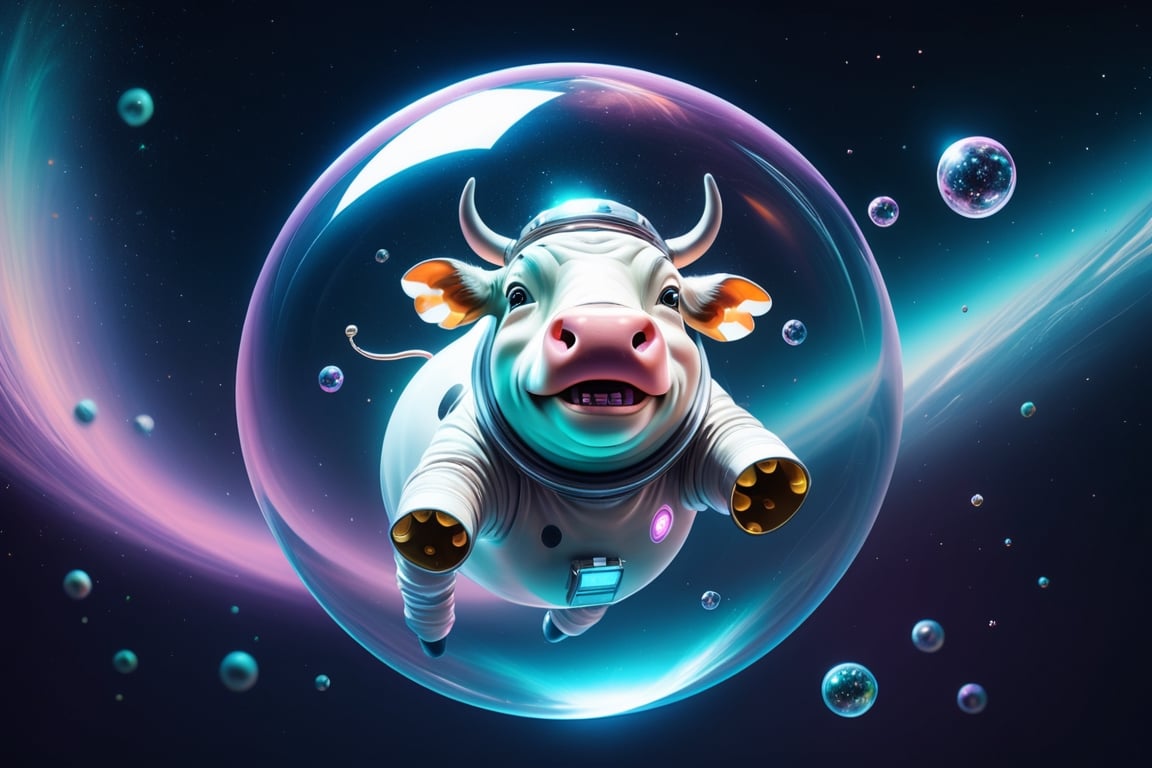 Epic and cinematic, cow in a bubble helmet floating in space, cosmic, surreal, professional, award-winning