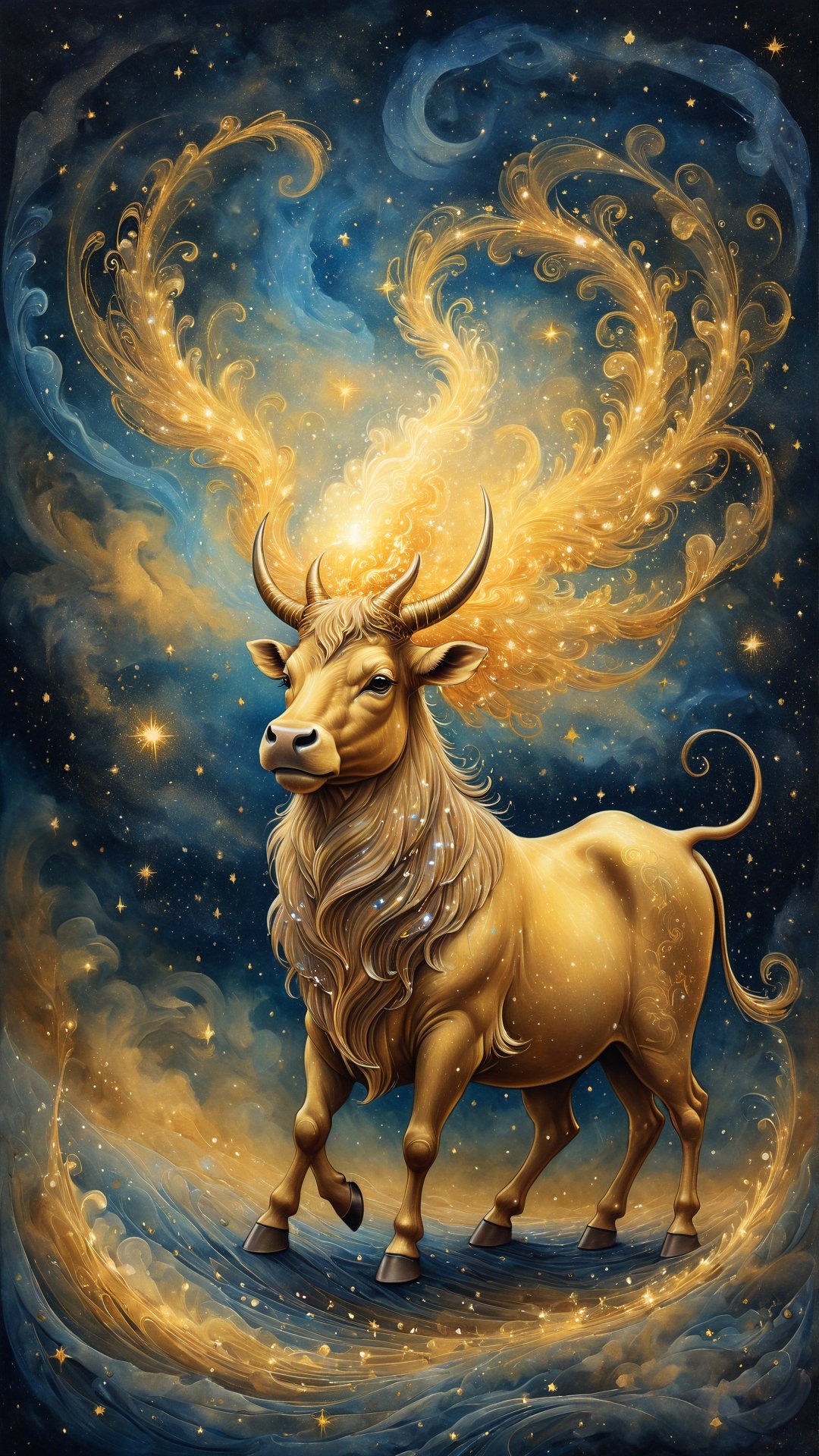 whimsical illustration of a magical night in an astral card, painted on old wrinkled paper, one of it's kind, surrealism, pointillism, golden and sapphire, pearlescent glow, glowy smoke, billowing smoke, dynamic strokes, art by MSchiffer, Extreme Wide/Long Shot, a beautiful golden bull in middle with full body with dynamic strokes