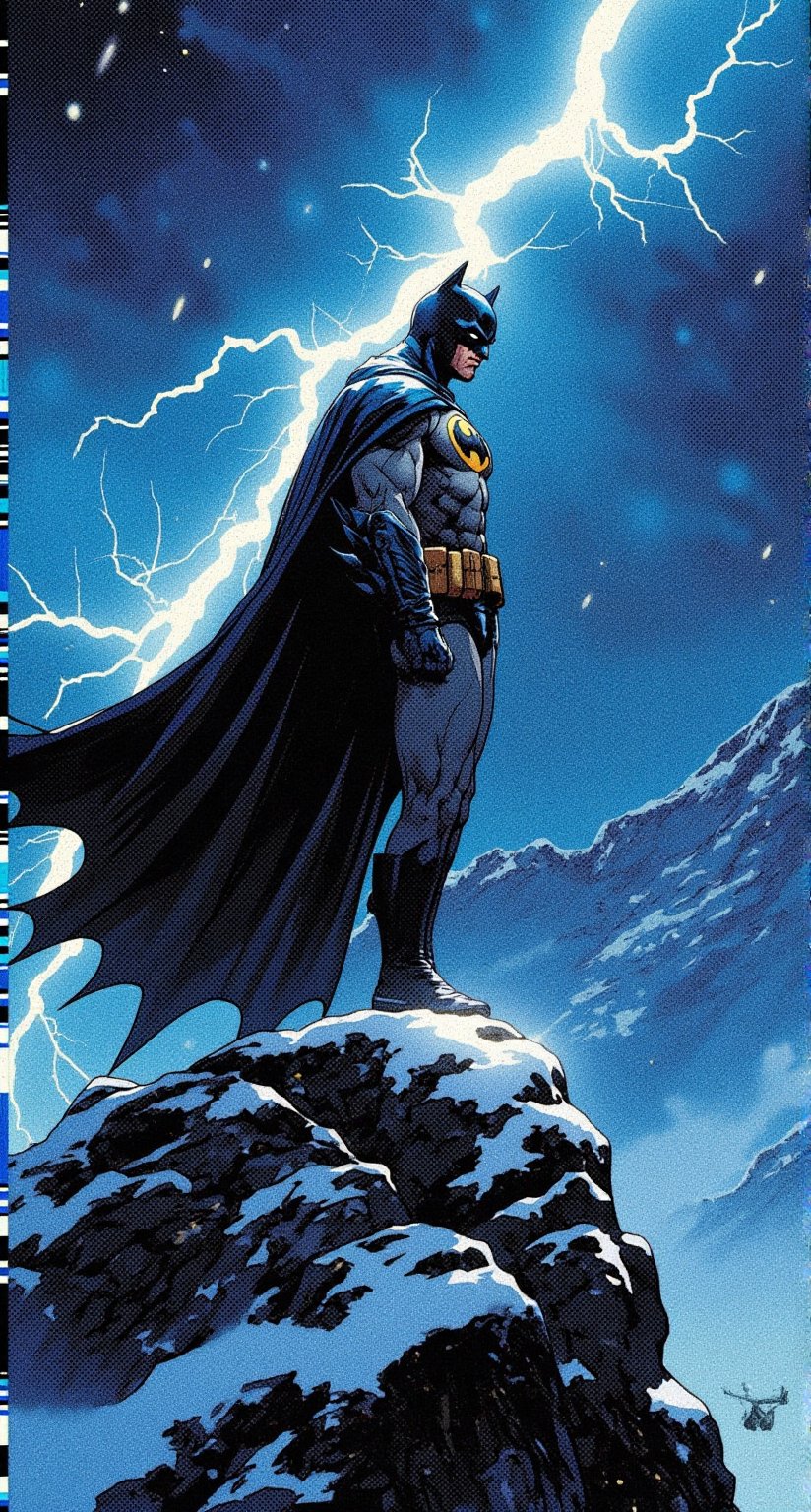 Batman standing on top of a snowy mountain,  in a stormy night,  lightning in the sky. He is wearing his batsuit by viper_...