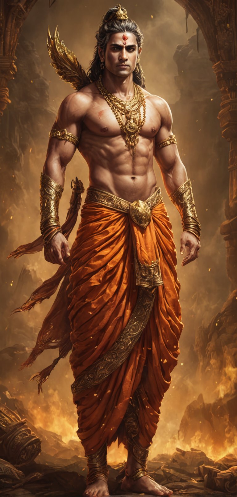 (extremely detailed 8k wallpaper), a medium full body photo of lord Ram,intricate, highly detailed, dramatic,wearing lord Ram saffron dhoti,bow in hand, ready for war