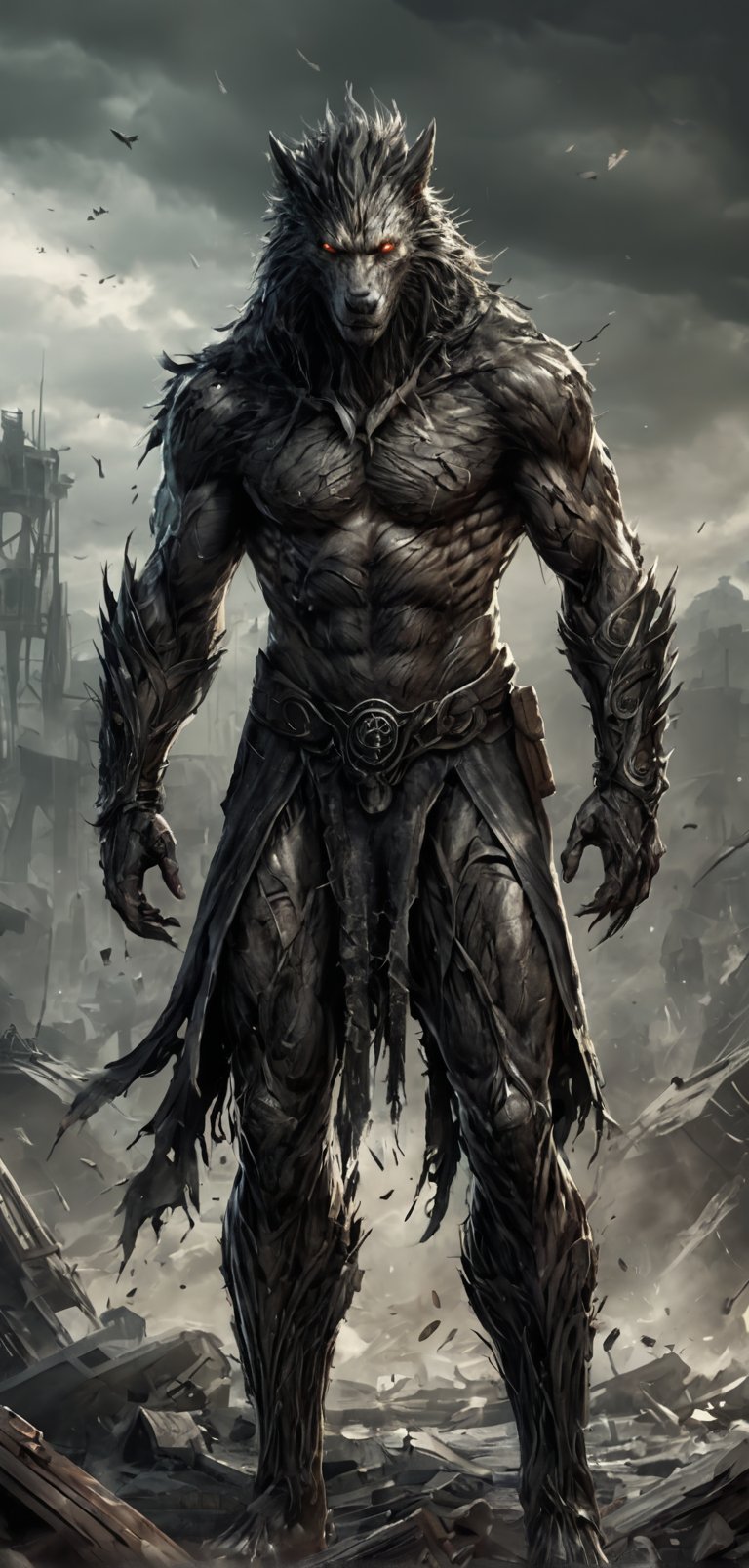 (extremely detailed 8k wallpaper), a medium full body photo of werewolf,intricate, highly detailed, dramatic, in tattered military black tights,muscular, ready for war