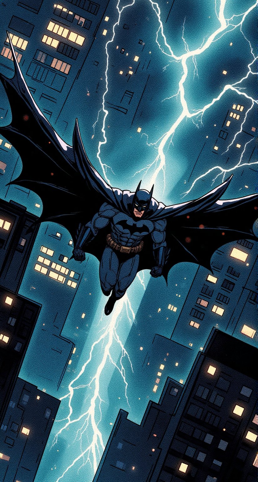Batman gliding in the sky,  in a stormy night in the sky. He is wearing his batman suit,  he is gliding fast by viper_6678...