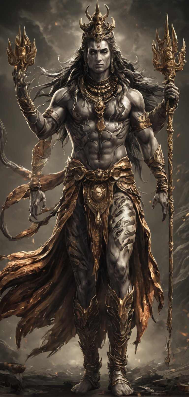 (extremely detailed 8k wallpaper), a medium full body photo of lord shiva,intricate, highly detailed, dramatic,trident in right hand,ready for war,wearing tiger skin costume