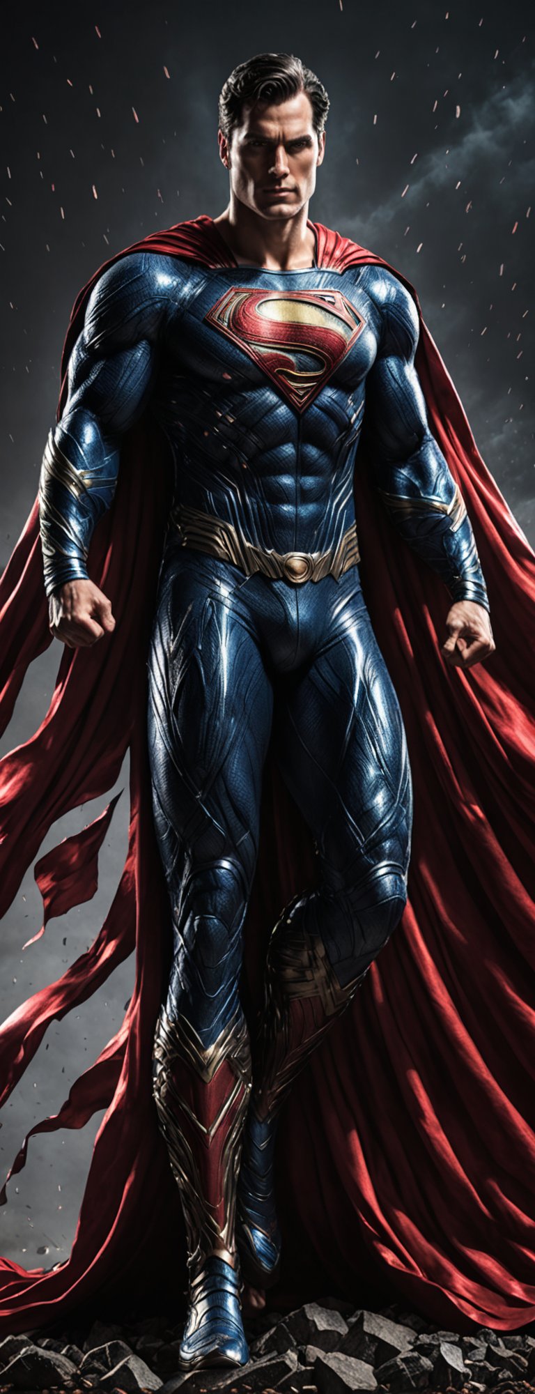 (extremely detailed 8k wallpaper), a medium full body photo of a Superman , intricate, highly detailed, dramatic,wearing metallic superman costume,re cape