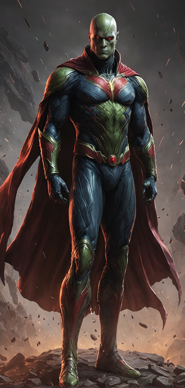 (extremely detailed 8k wallpaper), a medium full body photo of martian manhunter,intricate, highly detailed, dramatic, in martian manhunter costume,red cape,ready for war