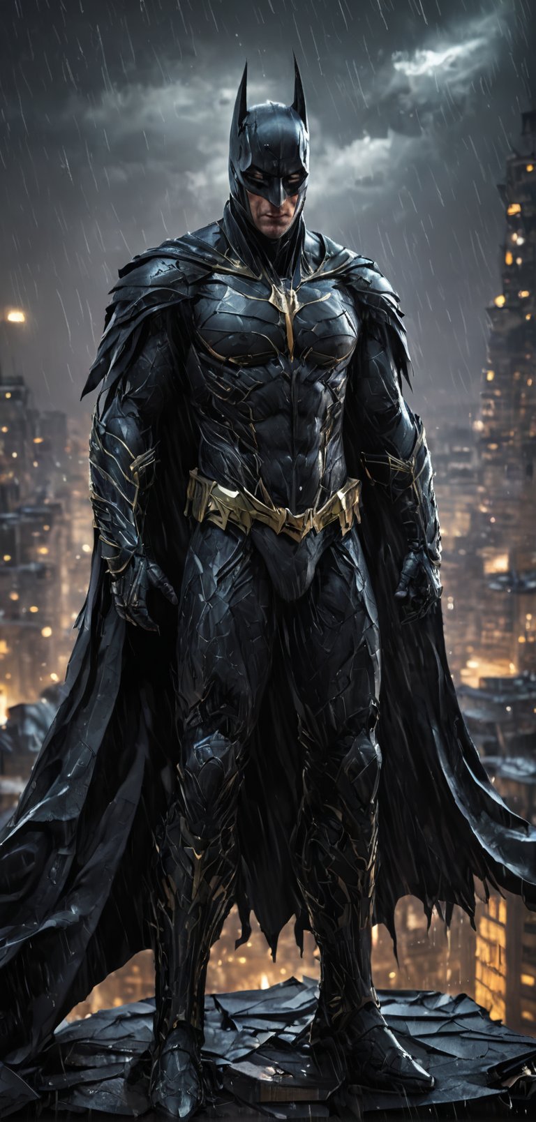 (extremely detailed 8k wallpaper), a medium full body photo of Batman intricate, highly detailed, dramatic, in bat suit, standing on top of a building, rainy night, lightning flashing