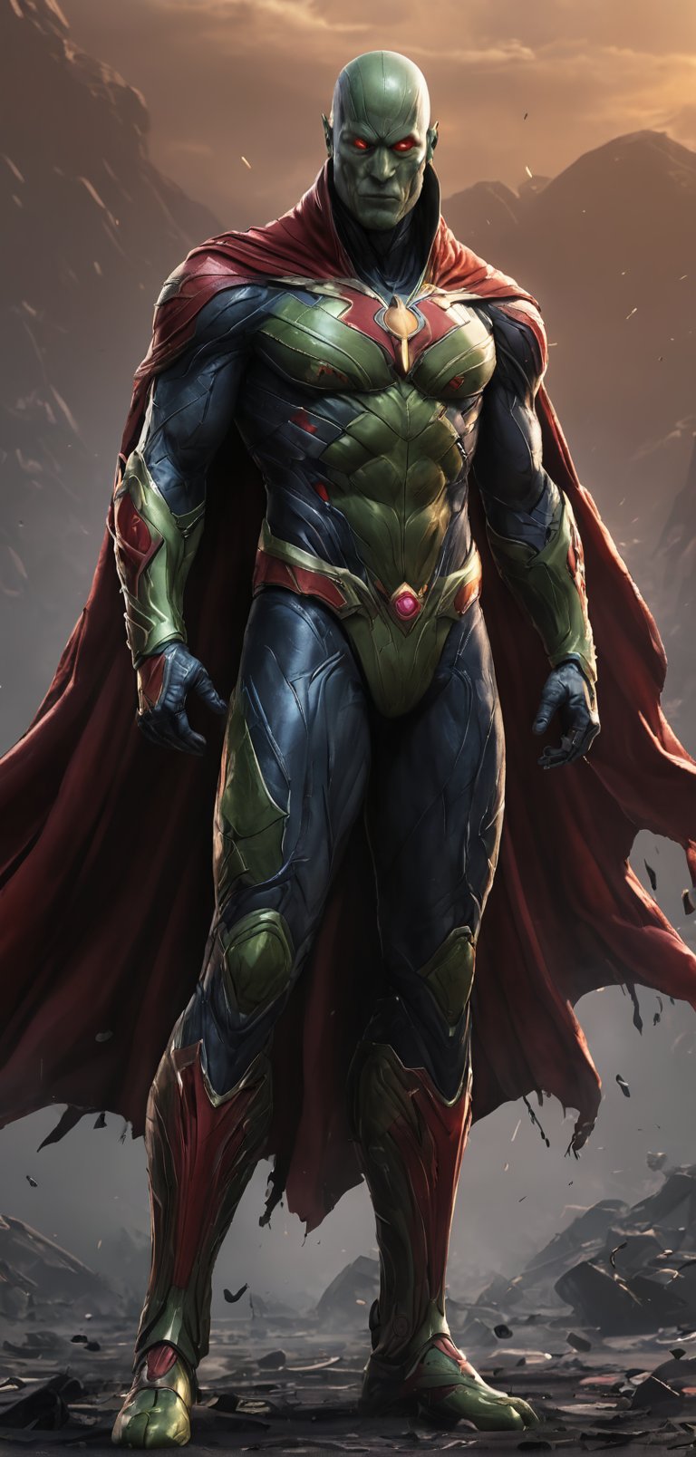 (extremely detailed 8k wallpaper), a medium full body photo of martian manhunter,intricate, highly detailed, dramatic, in martian manhunter costume,red cape,ready for war