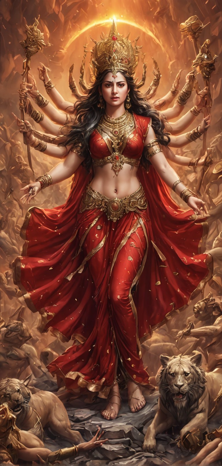 (extremely detailed 8k wallpaper), a medium full body photo of goddess durga ,intricate, highly detailed, dramatic, charging into battle, ten hands, ten weapons,wearing red saree