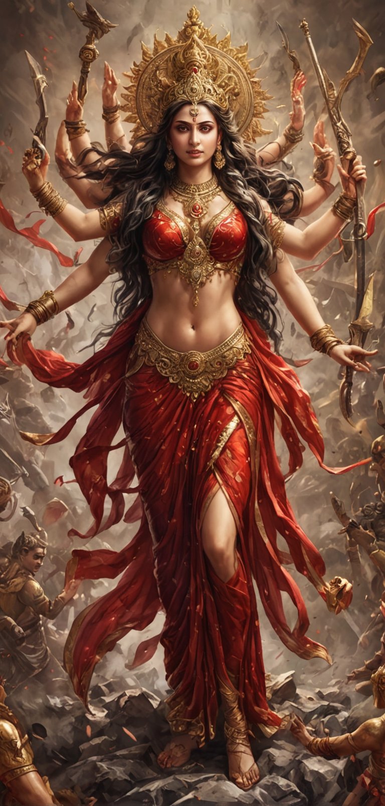 (extremely detailed 8k wallpaper), a medium full body photo of goddess durga ,intricate, highly detailed, dramatic, charging into battle, ten hands, ten weapons,wearing red saree