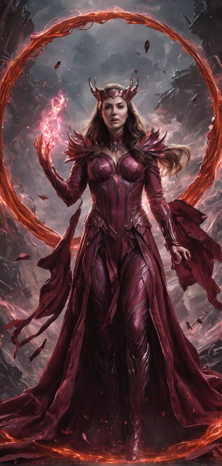 (extremely detailed 8k wallpaper), a medium full body photo of scarlet witch , intricate, highly detailed, dramatic, in scarlet witch costume, casting a spell