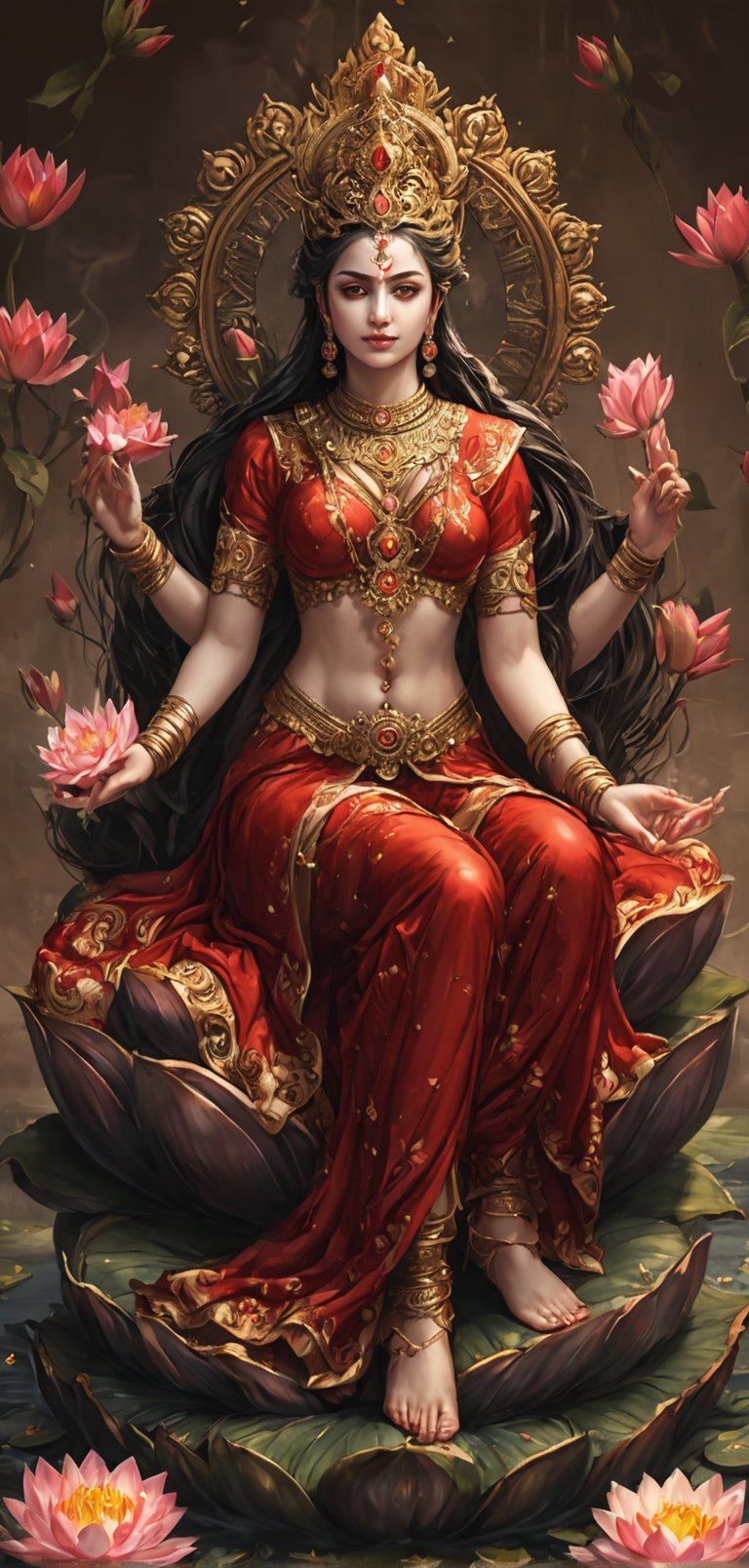 (extremely detailed 8k wallpaper), a medium full body photo of goddess laxmi,intricate, highly detailed, dramatic, four hands, meditating,wearing red saree,sitting on a huge lotus flower